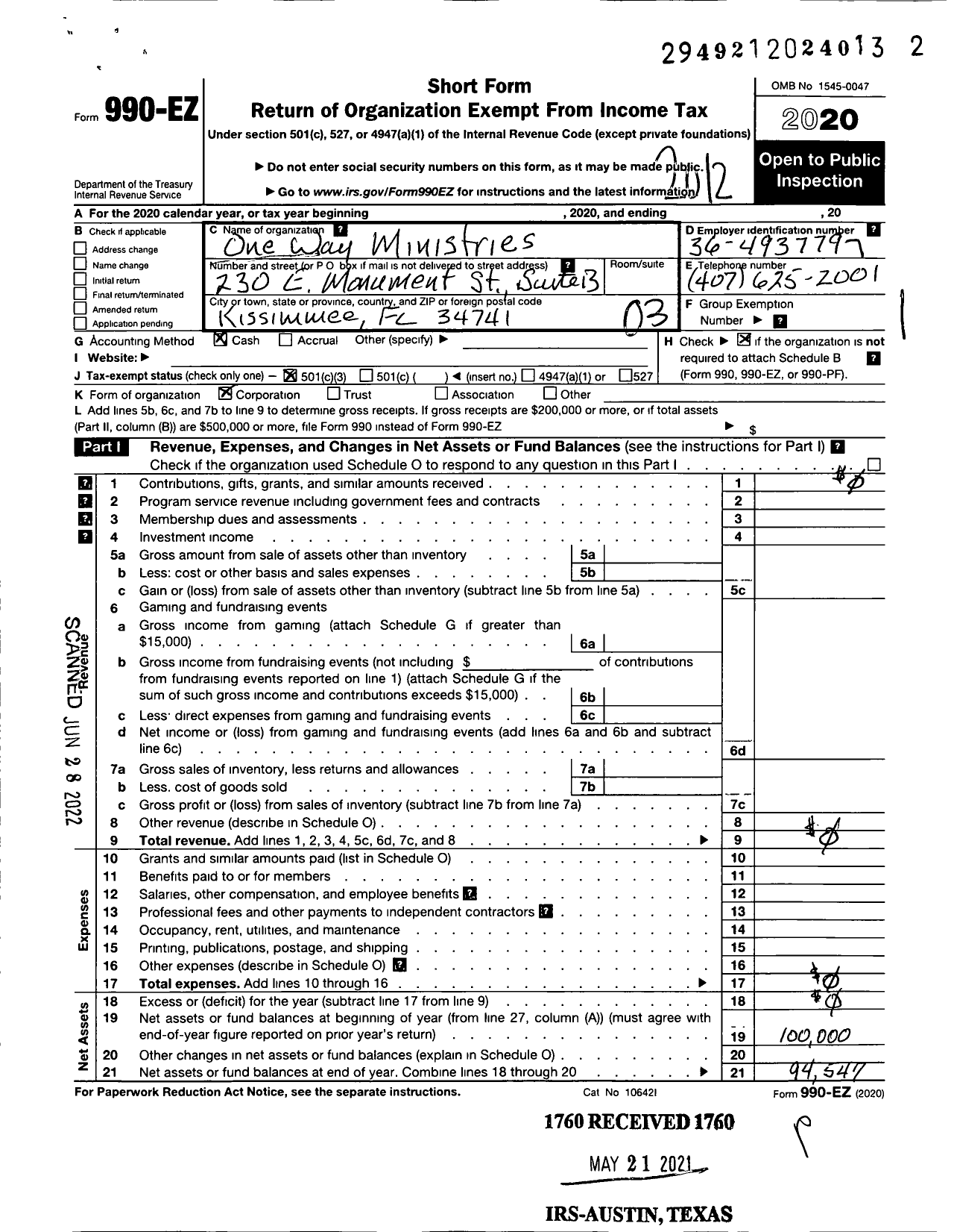 Image of first page of 2020 Form 990EZ for One Way Ministries