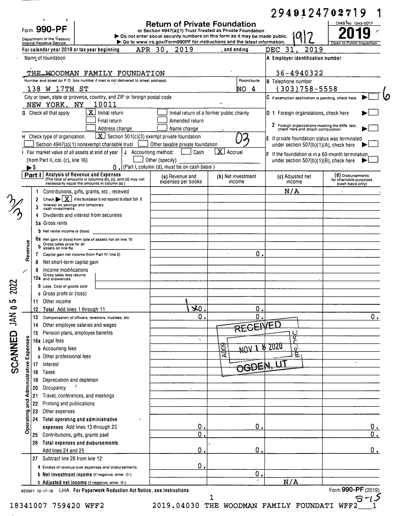 Image of first page of 2019 Form 990PF for The Woodman Family Foundation