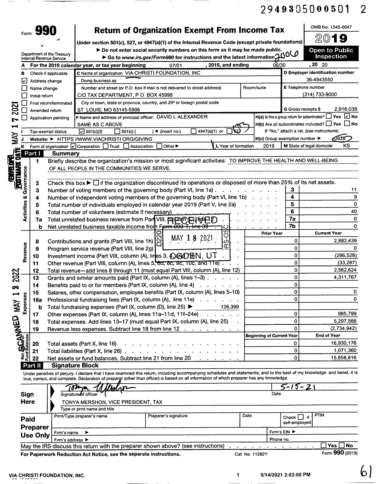 Image of first page of 2019 Form 990 for Via Christi Foundation