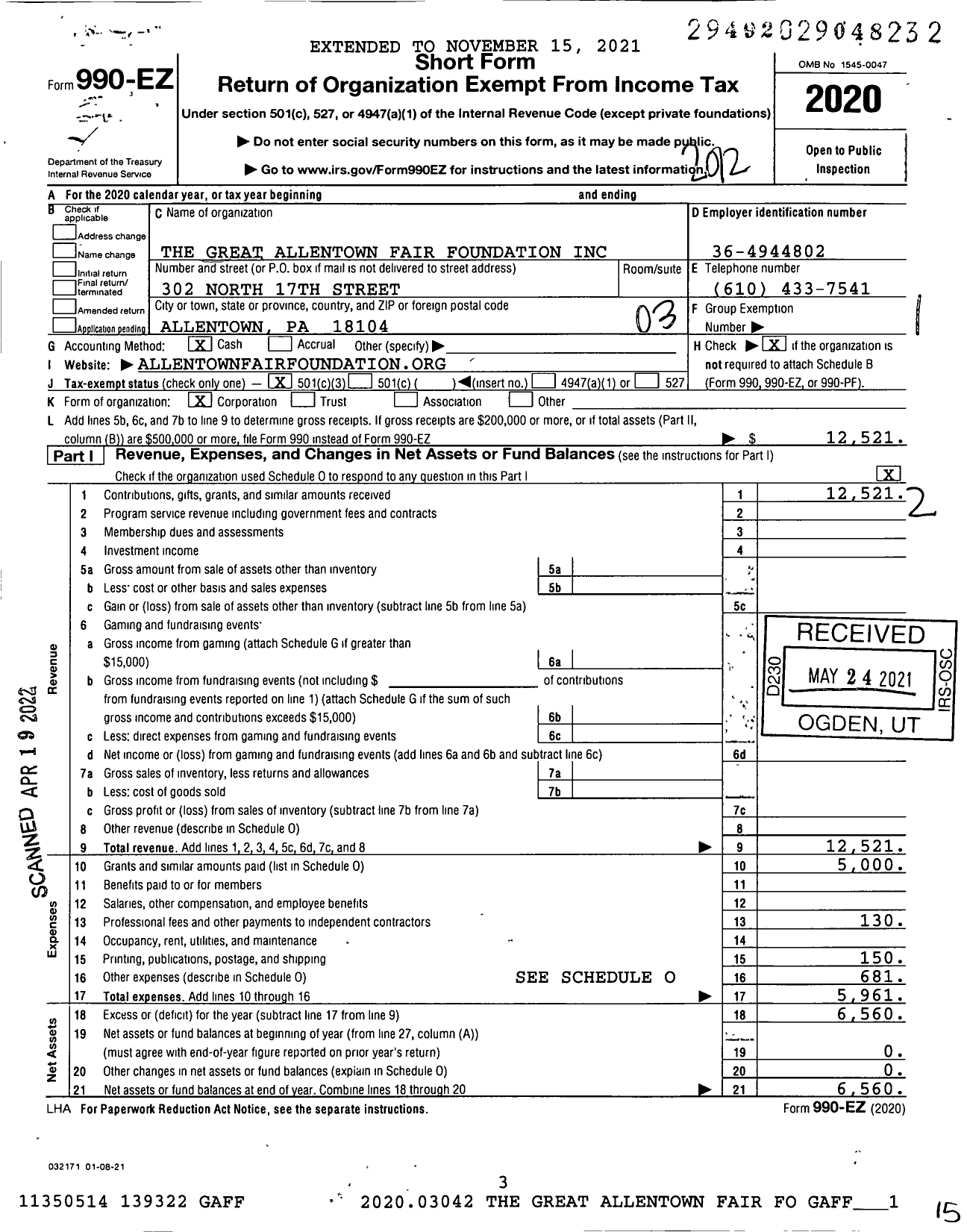 Image of first page of 2020 Form 990EZ for The Great Allentown Fair Foundation