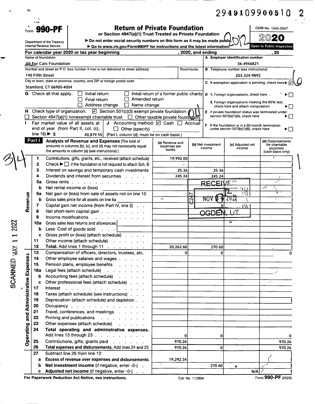 Image of first page of 2020 Form 990PF for All for Cats Foundation