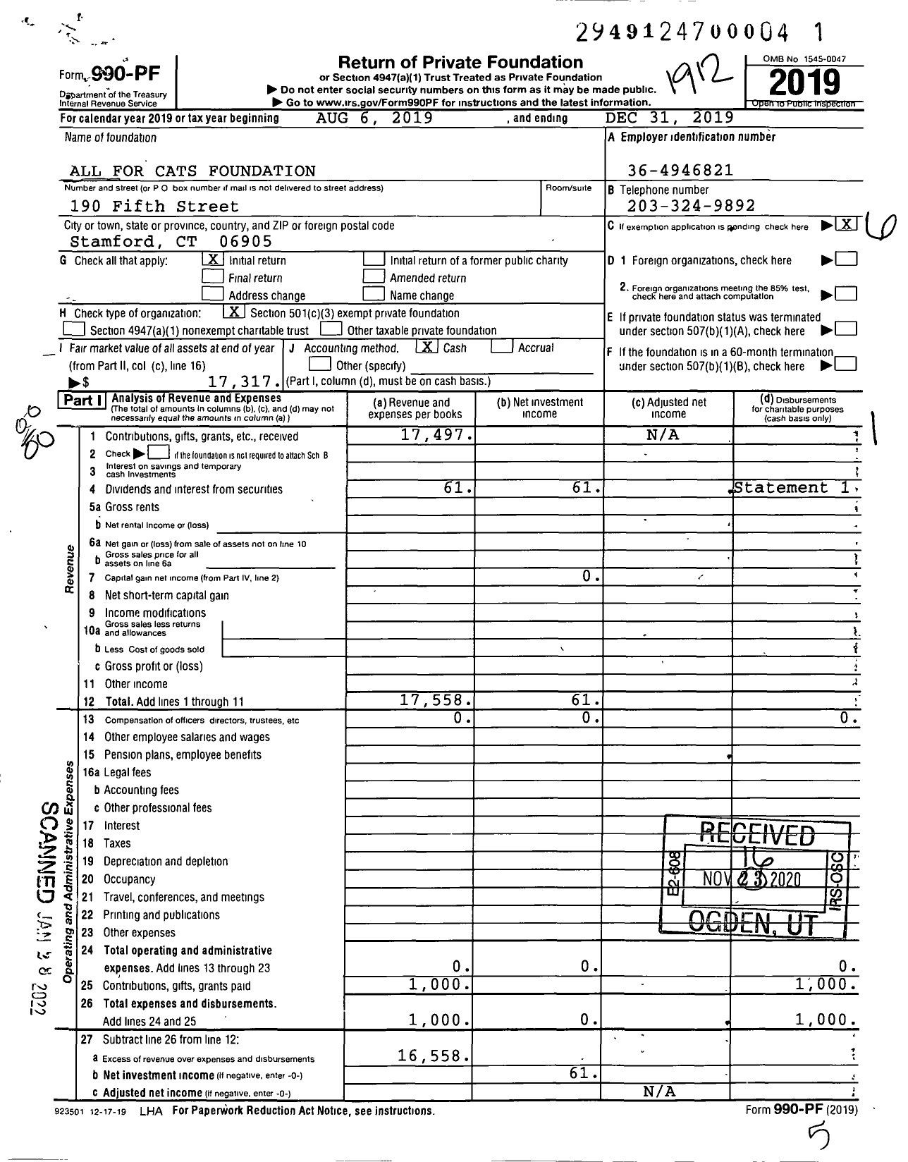 Image of first page of 2019 Form 990PF for All for Cats Foundation