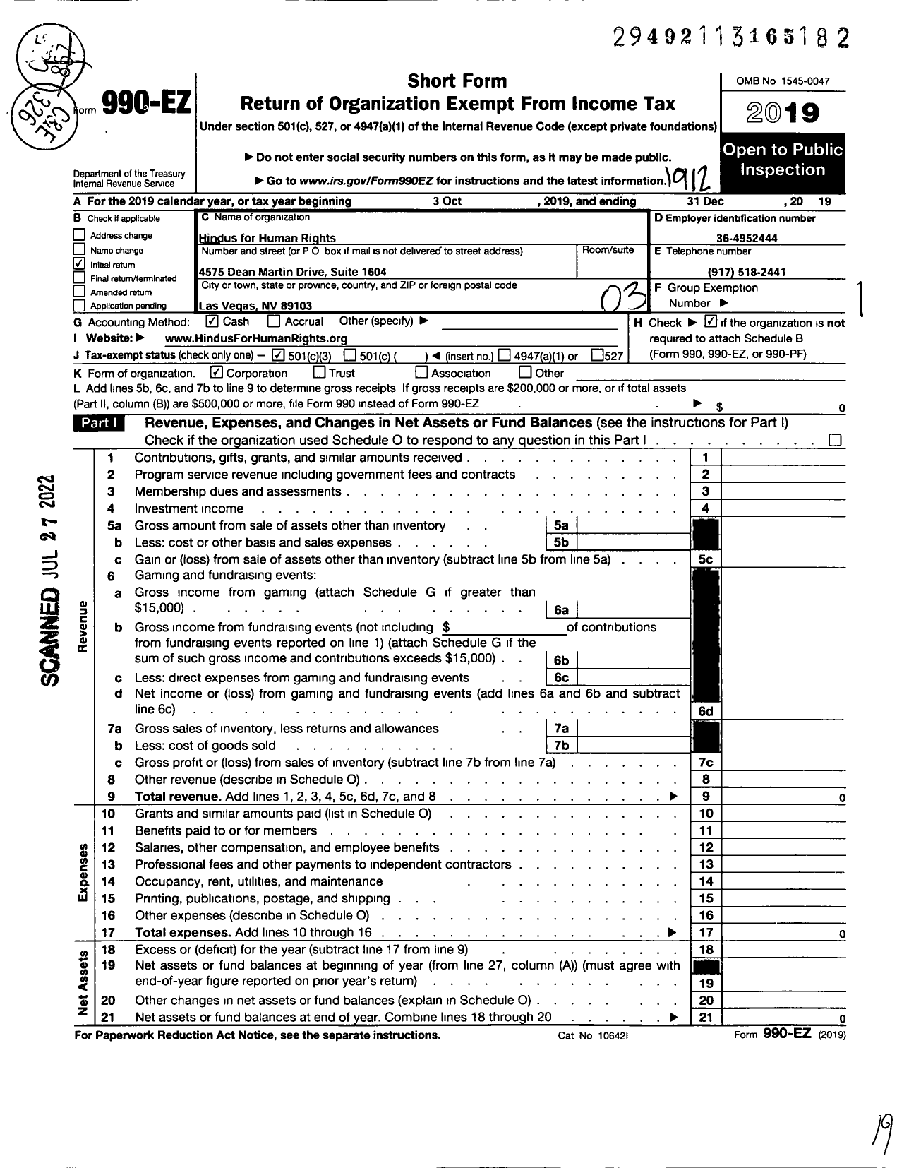 Image of first page of 2019 Form 990EZ for Hindus for Human Rights