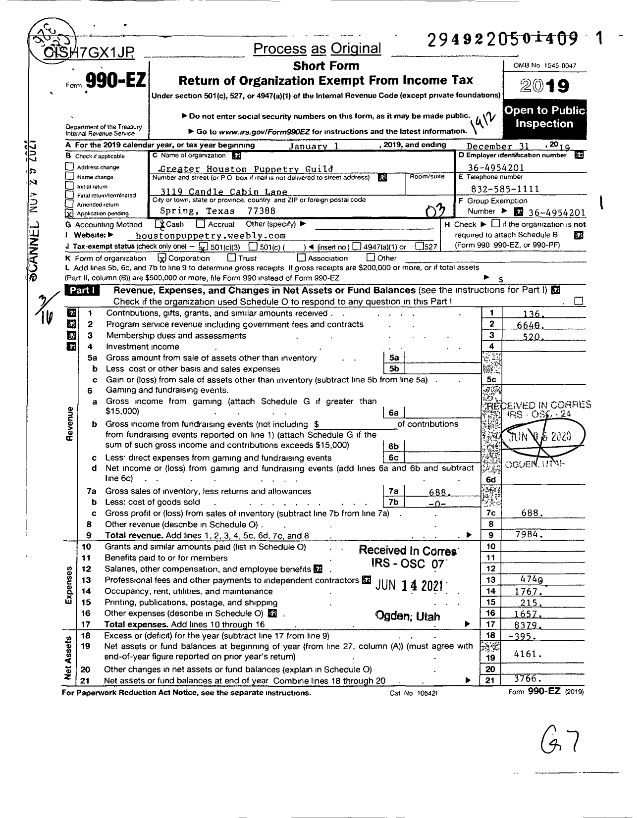 Image of first page of 2019 Form 990EZ for Greater Houston Puppetry Guild