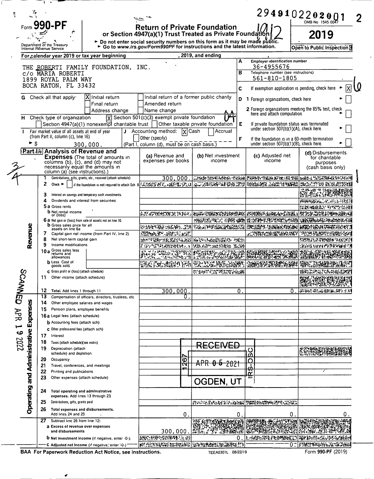 Image of first page of 2019 Form 990PF for The Roberti Family Foundation