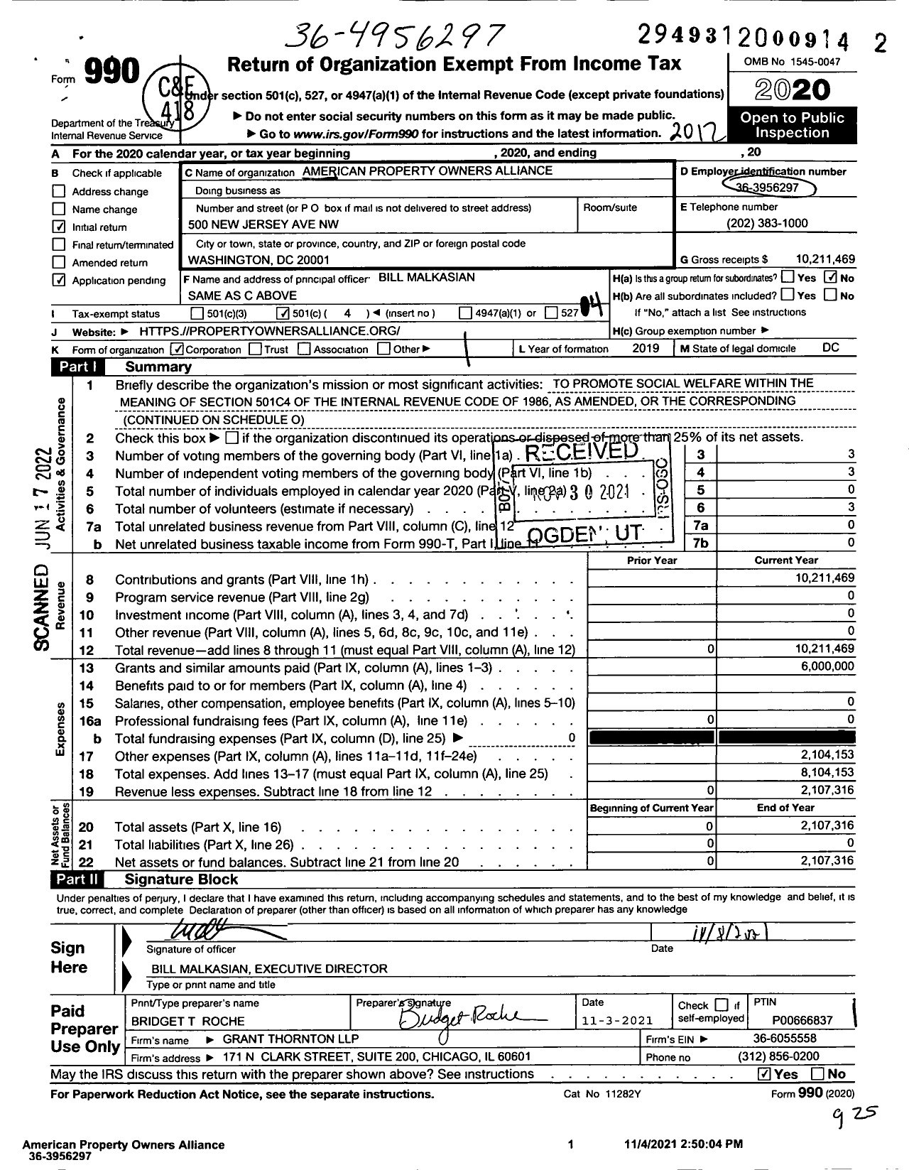 Image of first page of 2020 Form 990O for American Property Owners Alliance