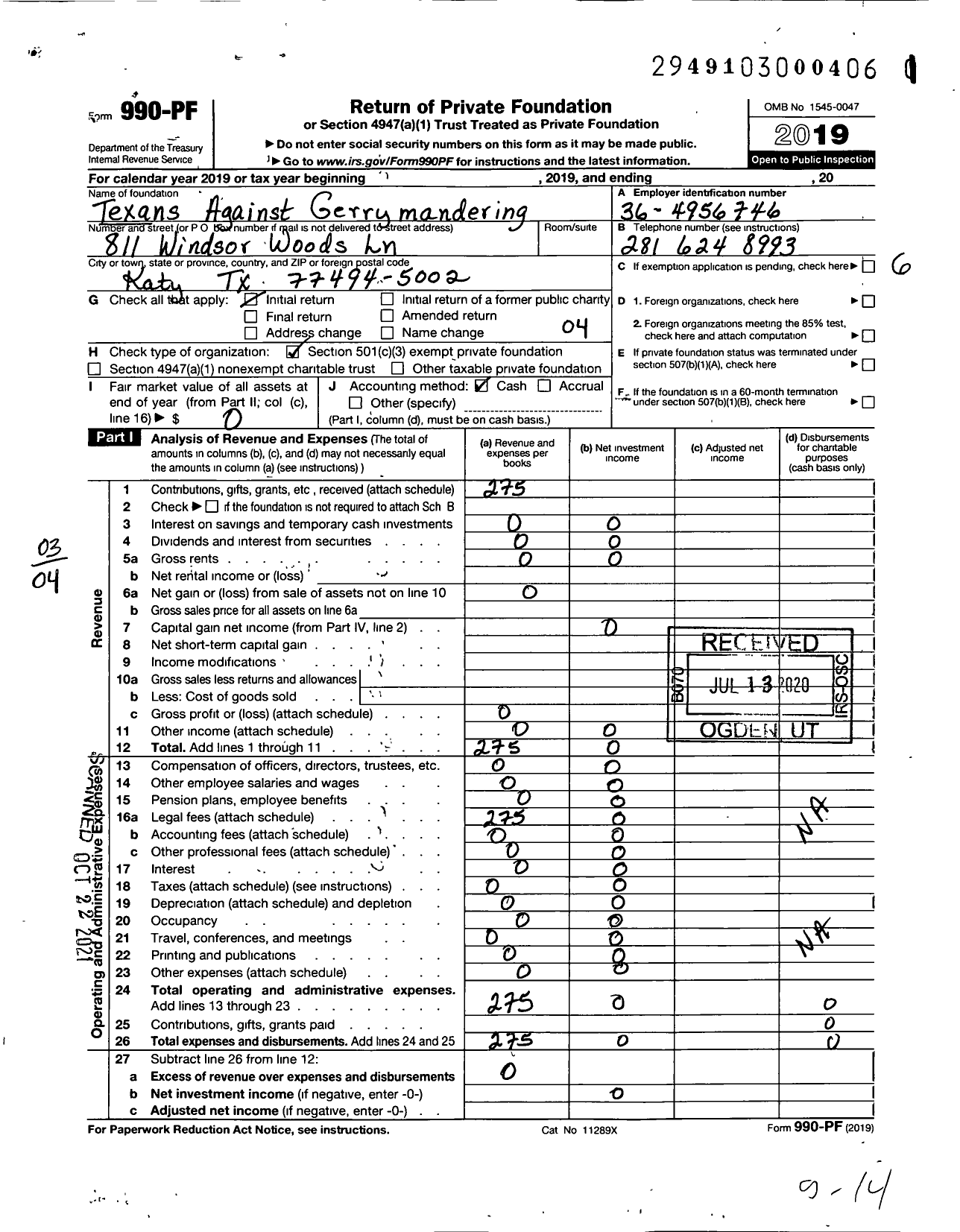 Image of first page of 2019 Form 990PF for Texans Against Gerrymandering