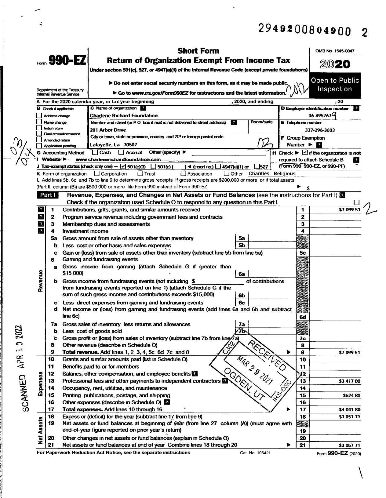 Image of first page of 2020 Form 990EZ for Charlene Richard Foundation