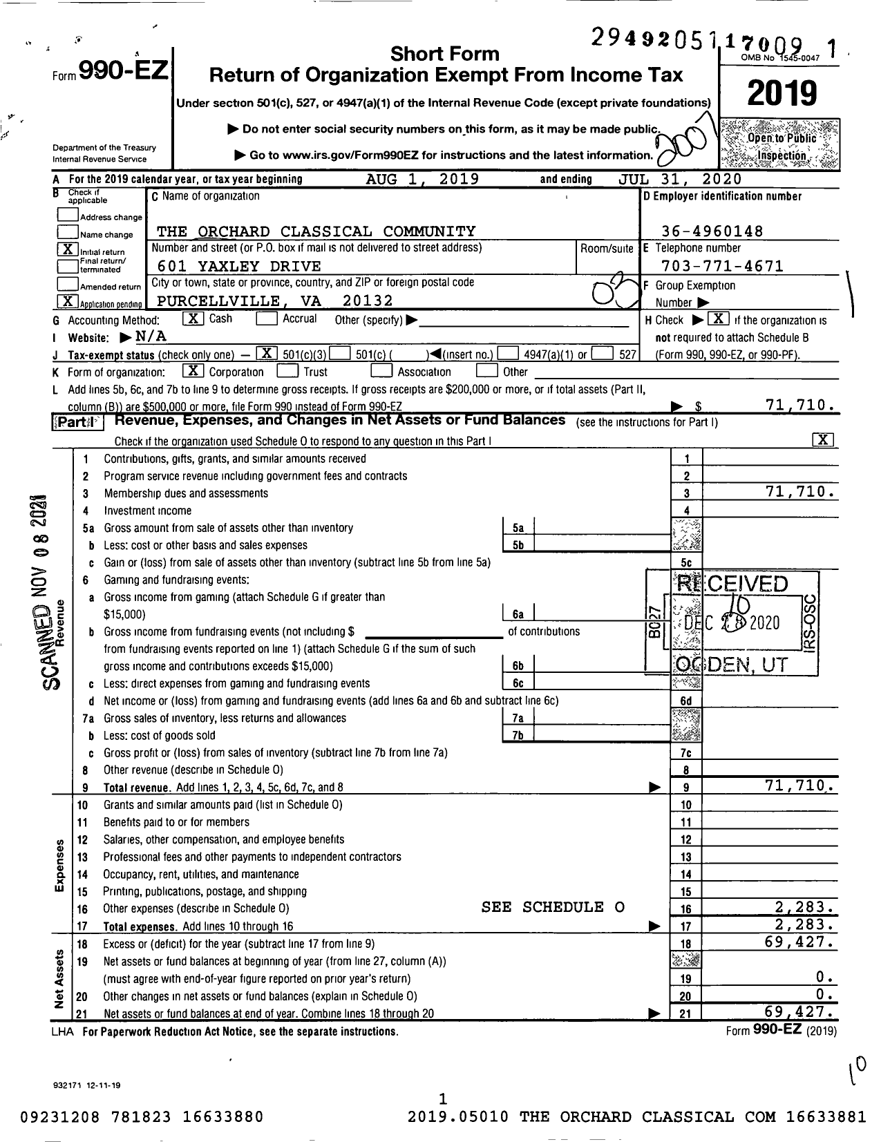 Image of first page of 2019 Form 990EZ for The Orchard Classical Community