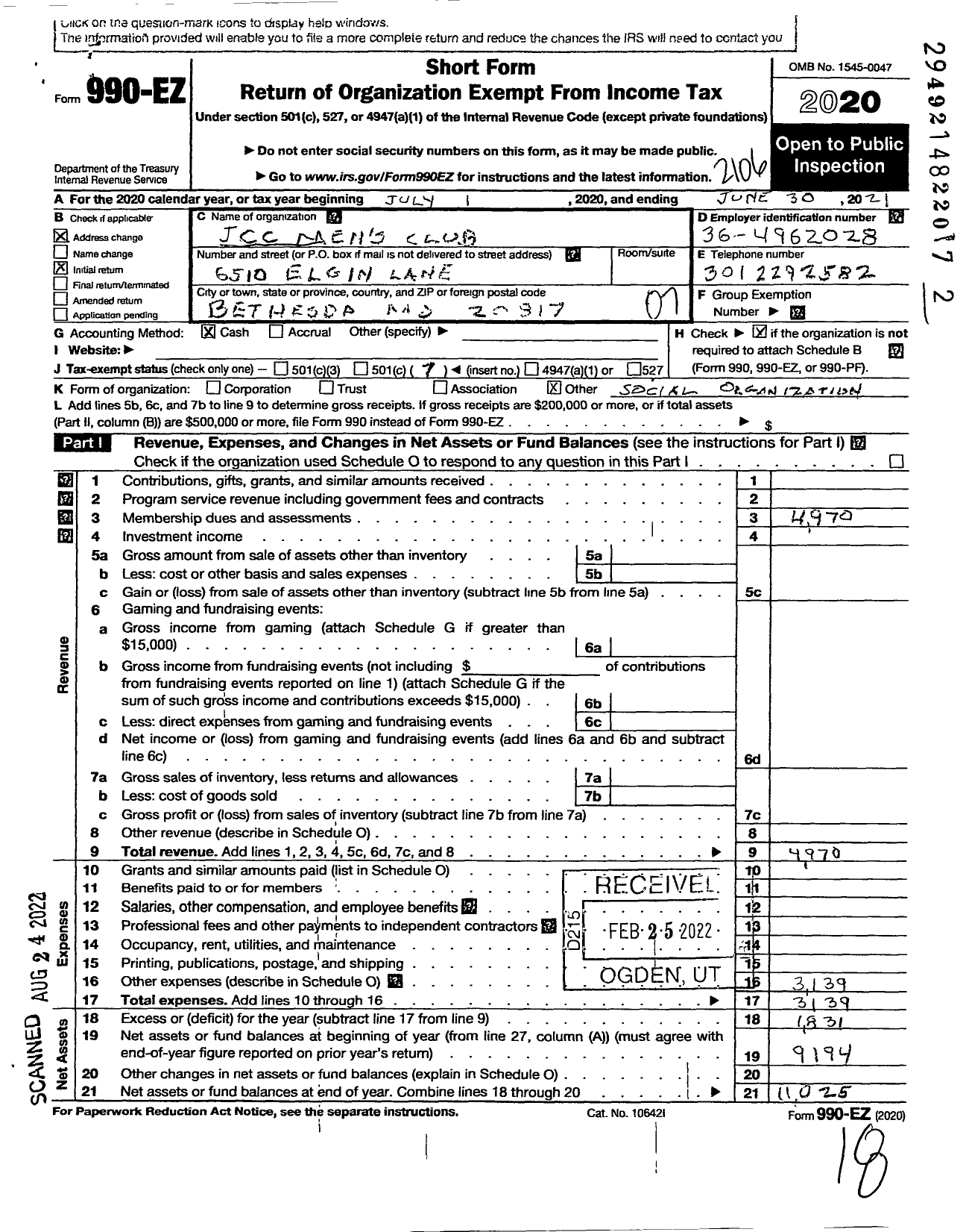 Image of first page of 2020 Form 990EO for JCC Men's Club