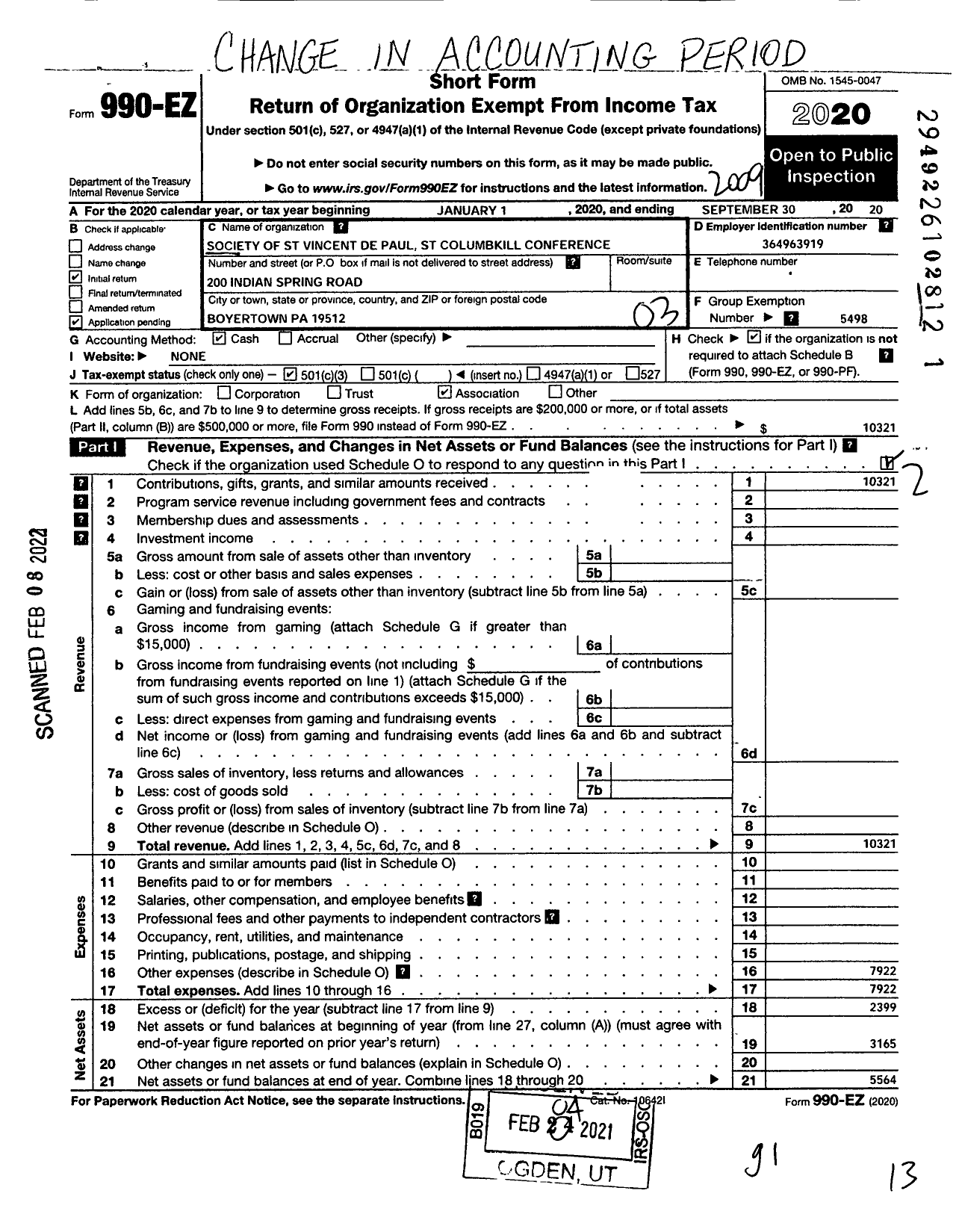 Image of first page of 2019 Form 990EZ for Society of Saint Vincent de Paul St Columbkill Church Conference