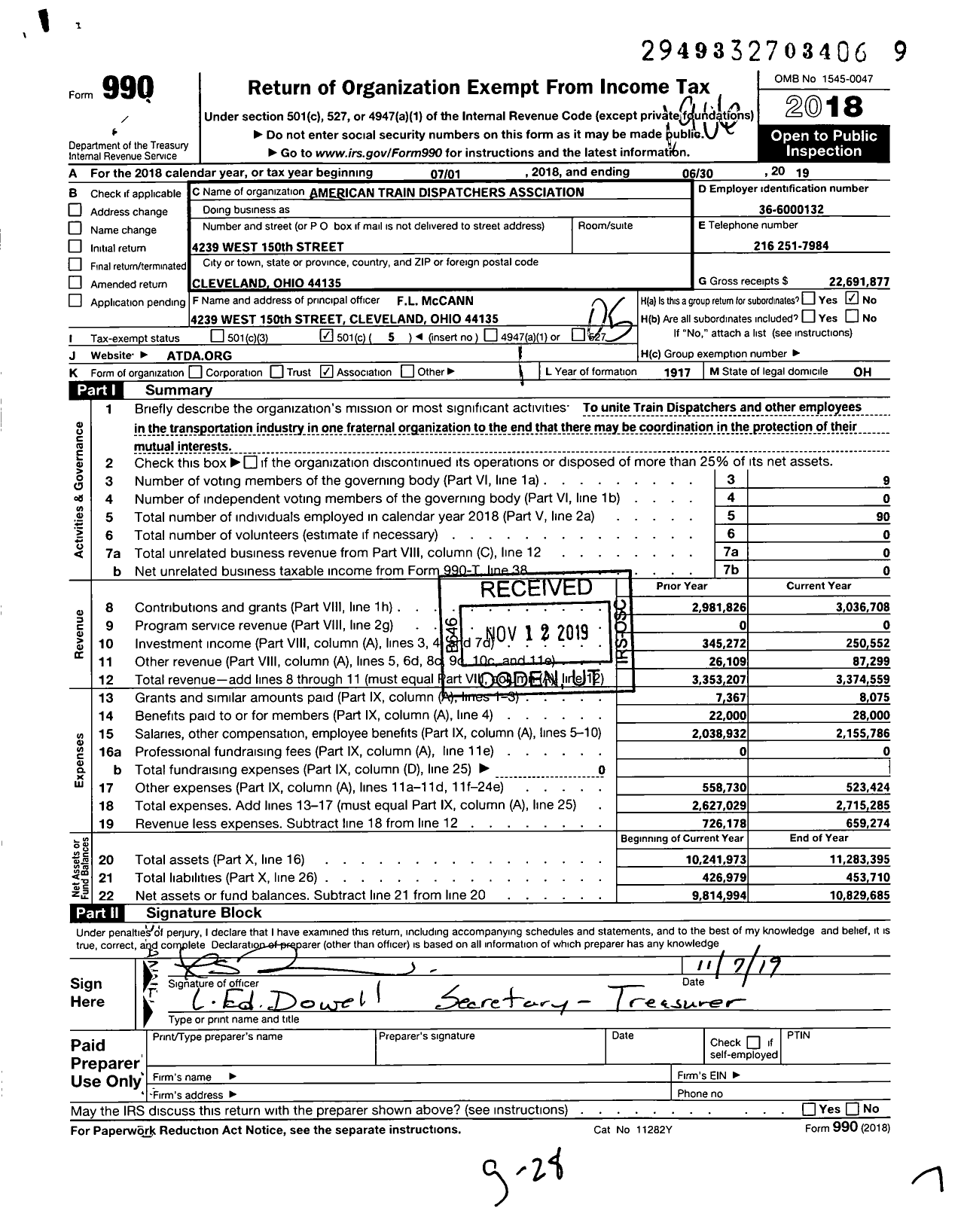 Image of first page of 2018 Form 990O for American Train Dispatchers Association (ATDA)