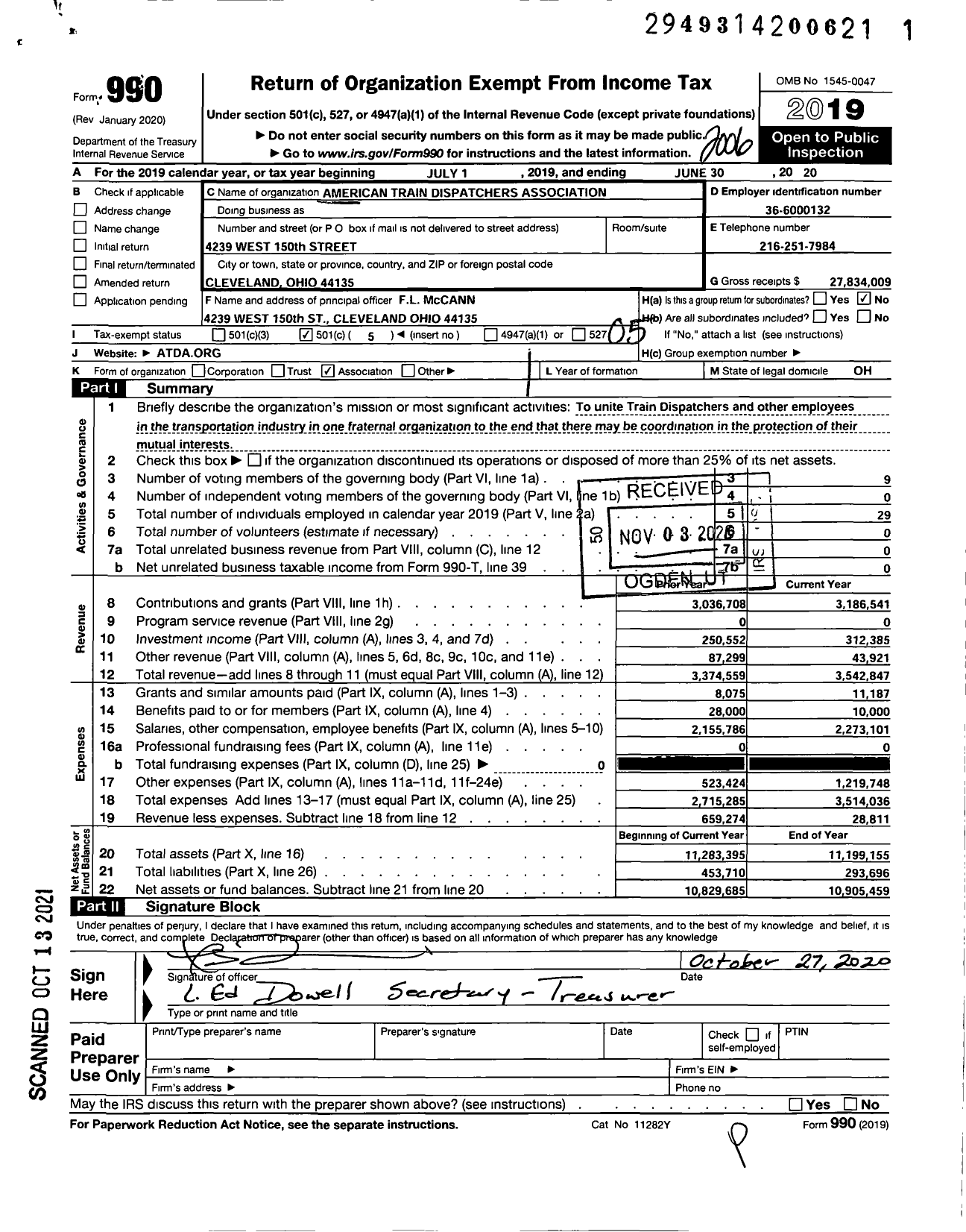 Image of first page of 2019 Form 990O for American Train Dispatchers Association (ATDA)