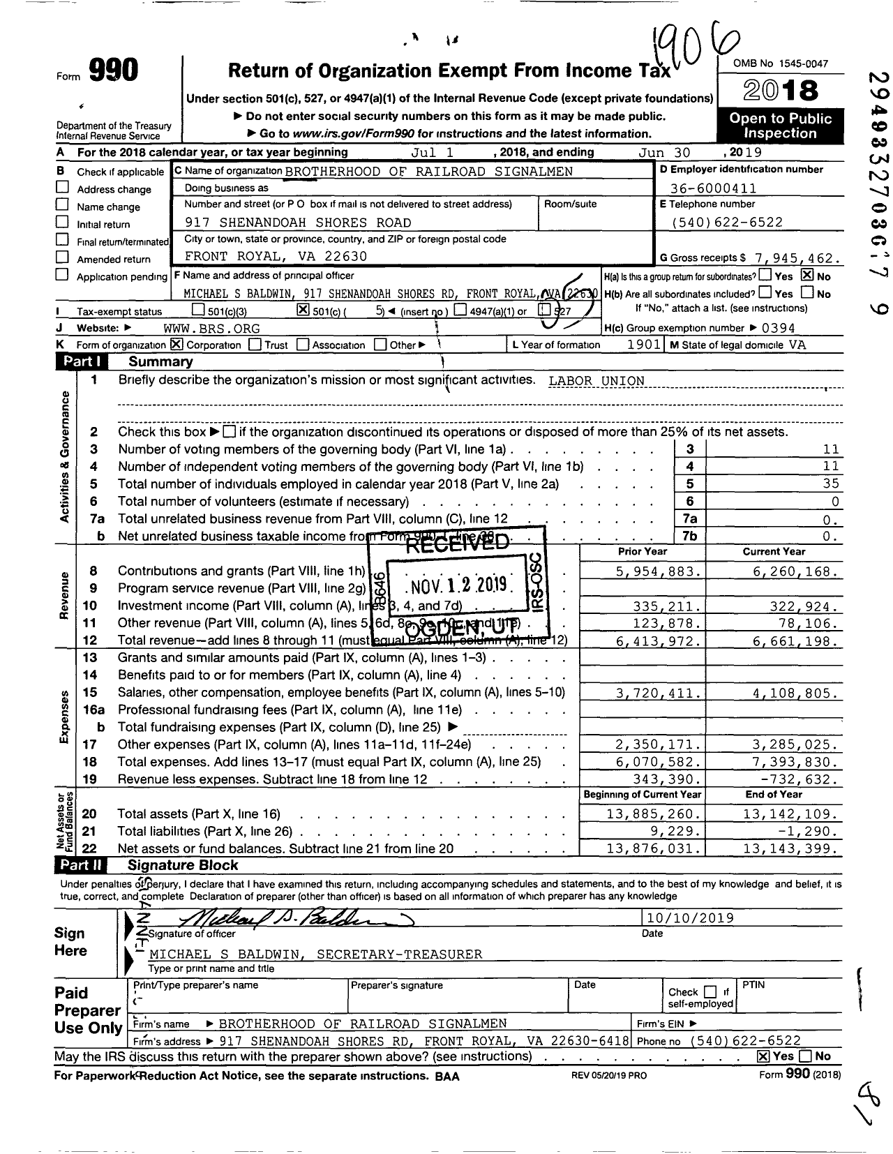 Image of first page of 2018 Form 990O for Brotherhood of Railroad Signalmen