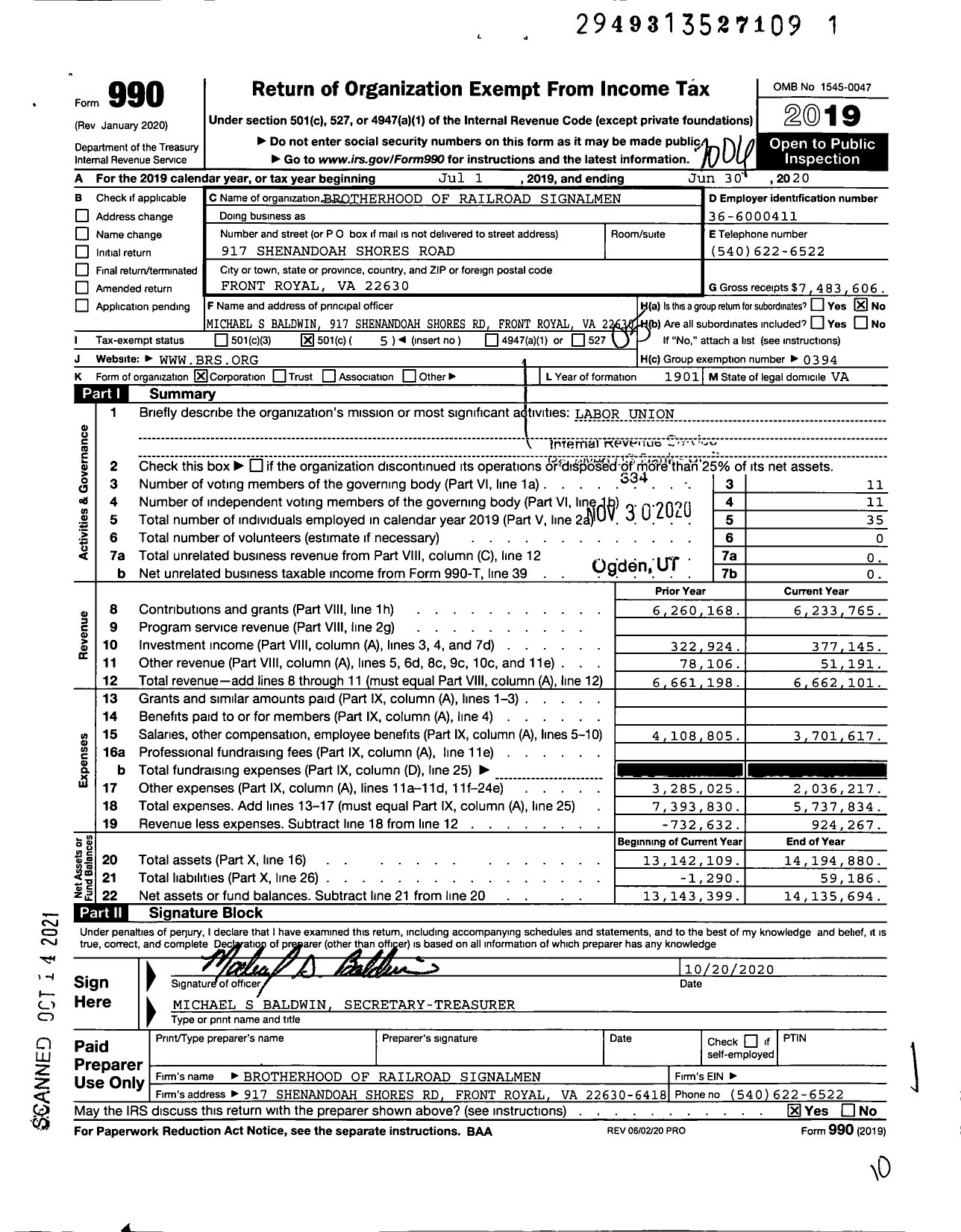 Image of first page of 2019 Form 990O for Brotherhood of Railroad Signalmen