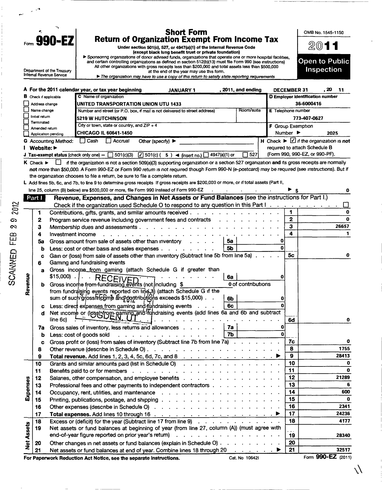 Image of first page of 2011 Form 990EO for Smart Union - 1433 TD