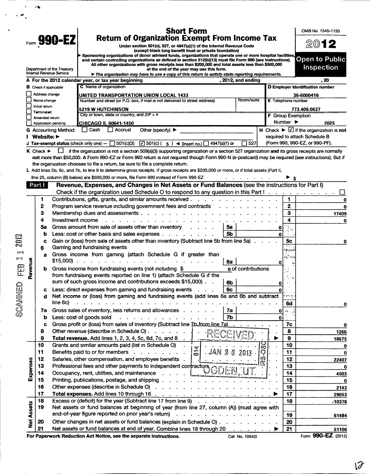 Image of first page of 2012 Form 990EO for Smart Union - 1433 TD