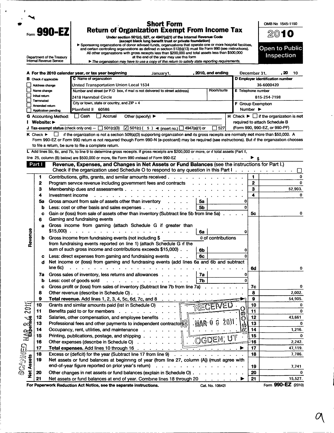 Image of first page of 2010 Form 990EO for Smart Union - 1534 TD