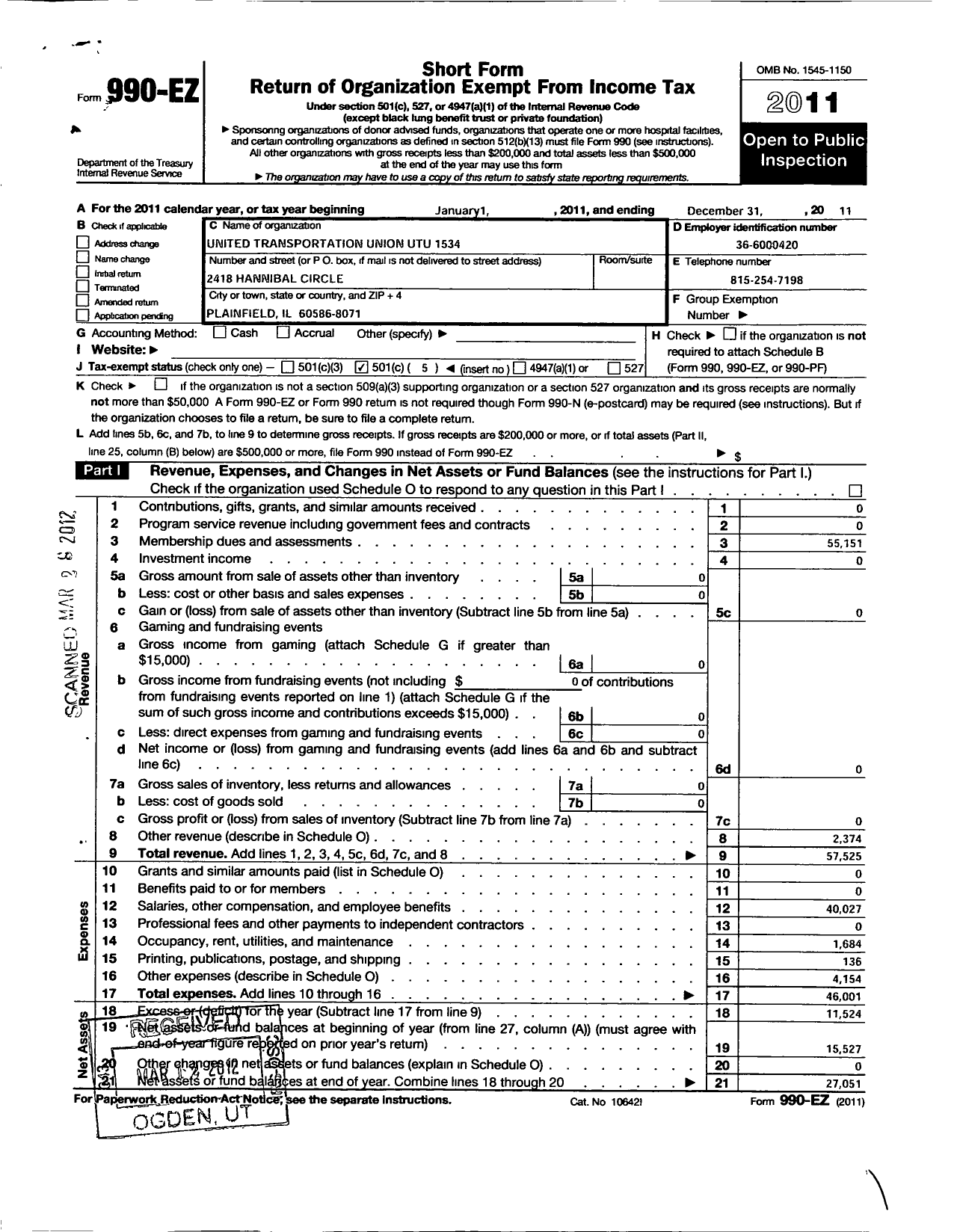 Image of first page of 2011 Form 990EO for Smart Union - 1534 TD