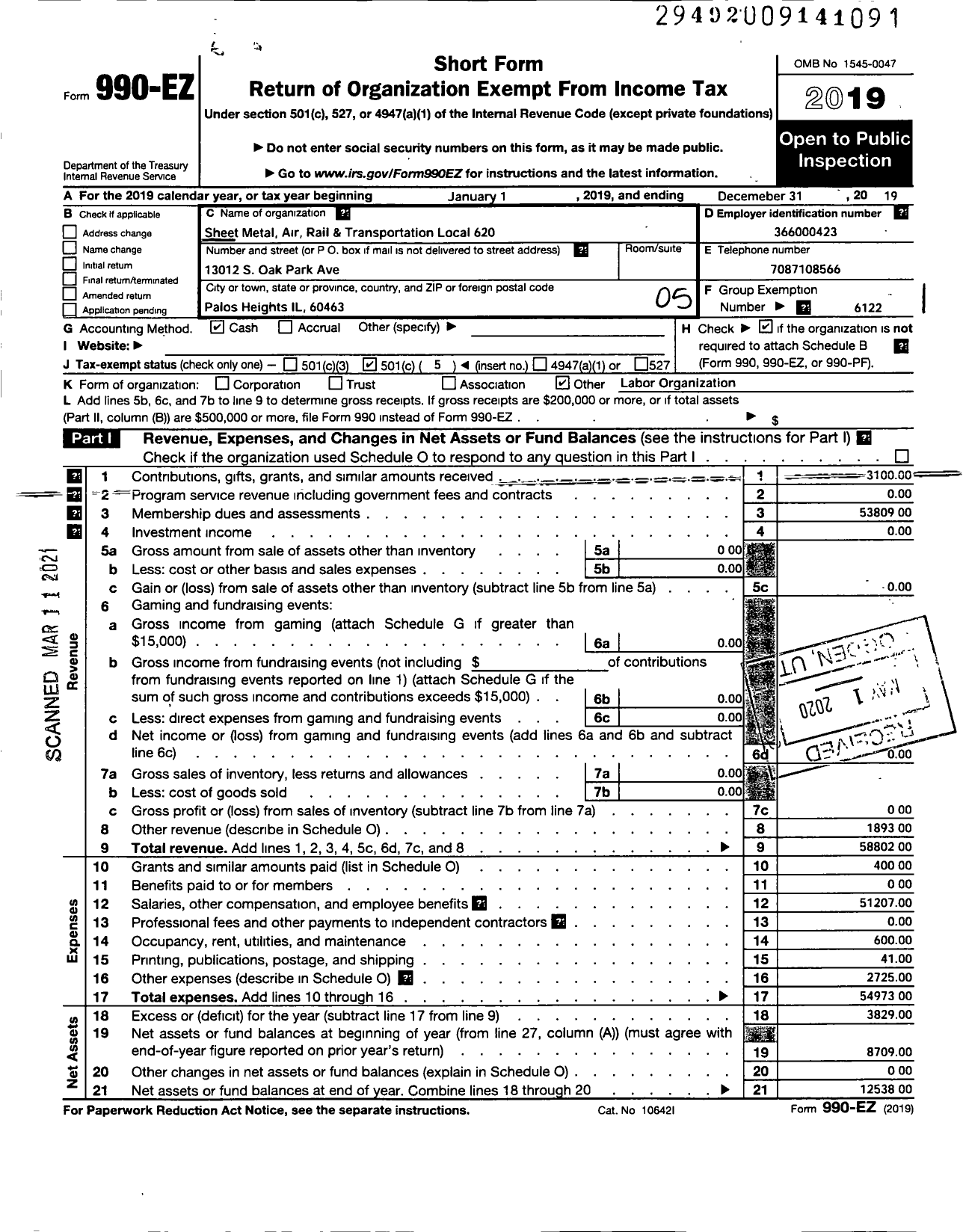 Image of first page of 2019 Form 990EO for Smart Union - 620 TD