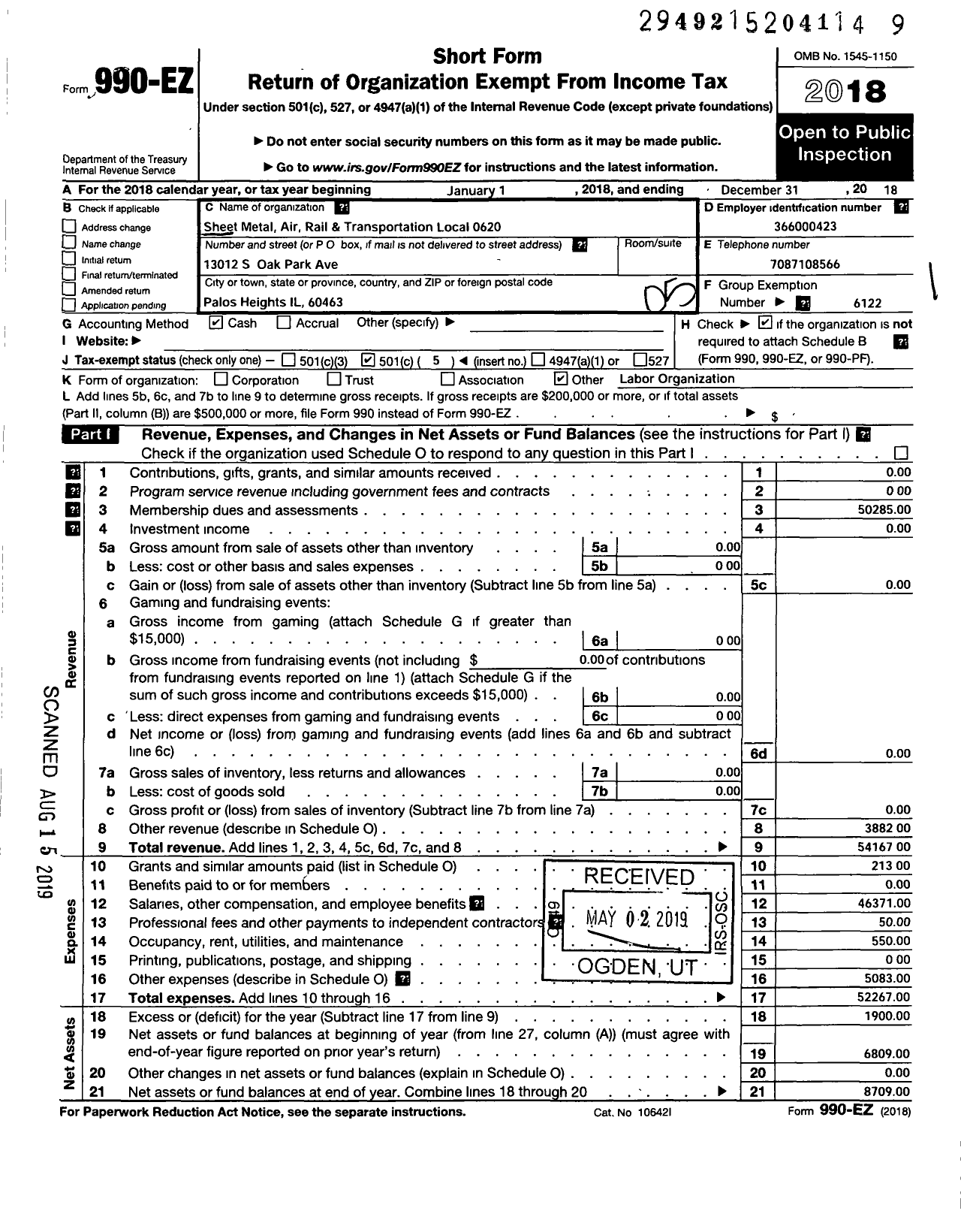 Image of first page of 2018 Form 990EO for Smart Union - 620 TD