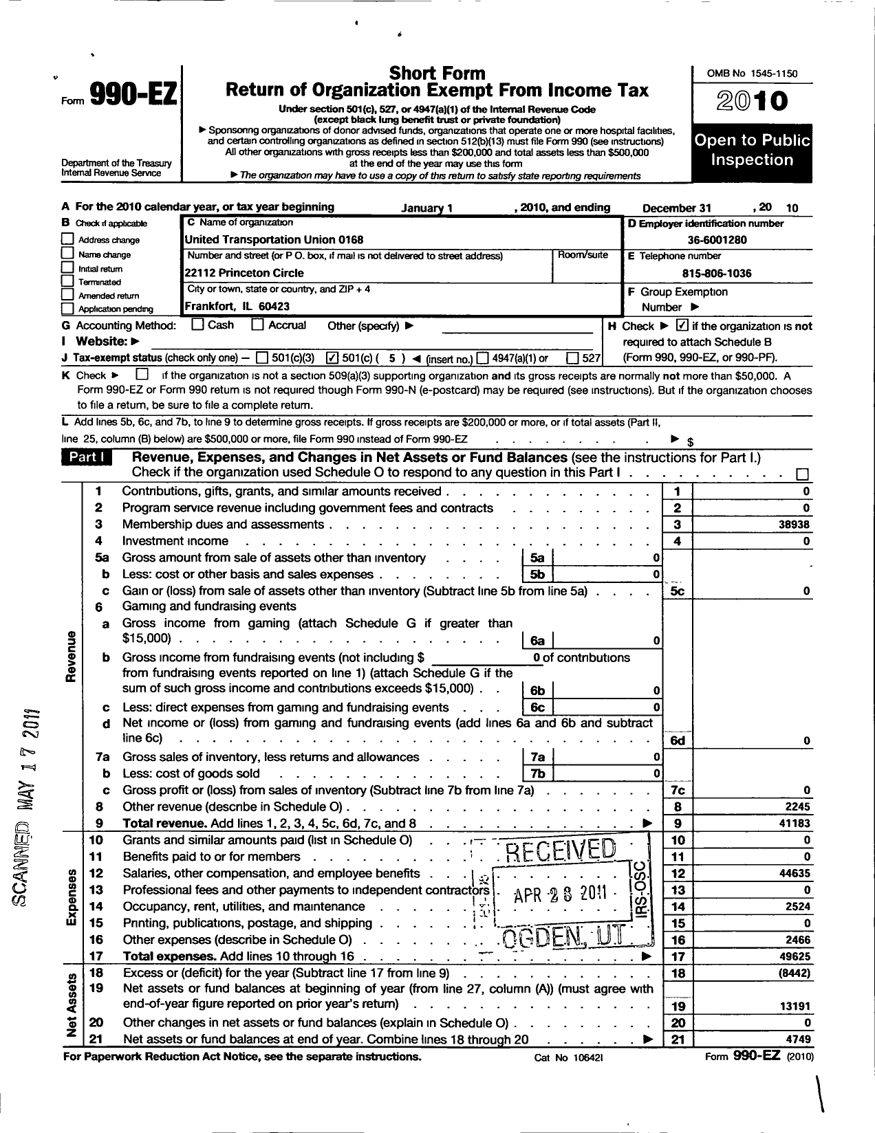 Image of first page of 2010 Form 990EO for Smart Union - 168 TD