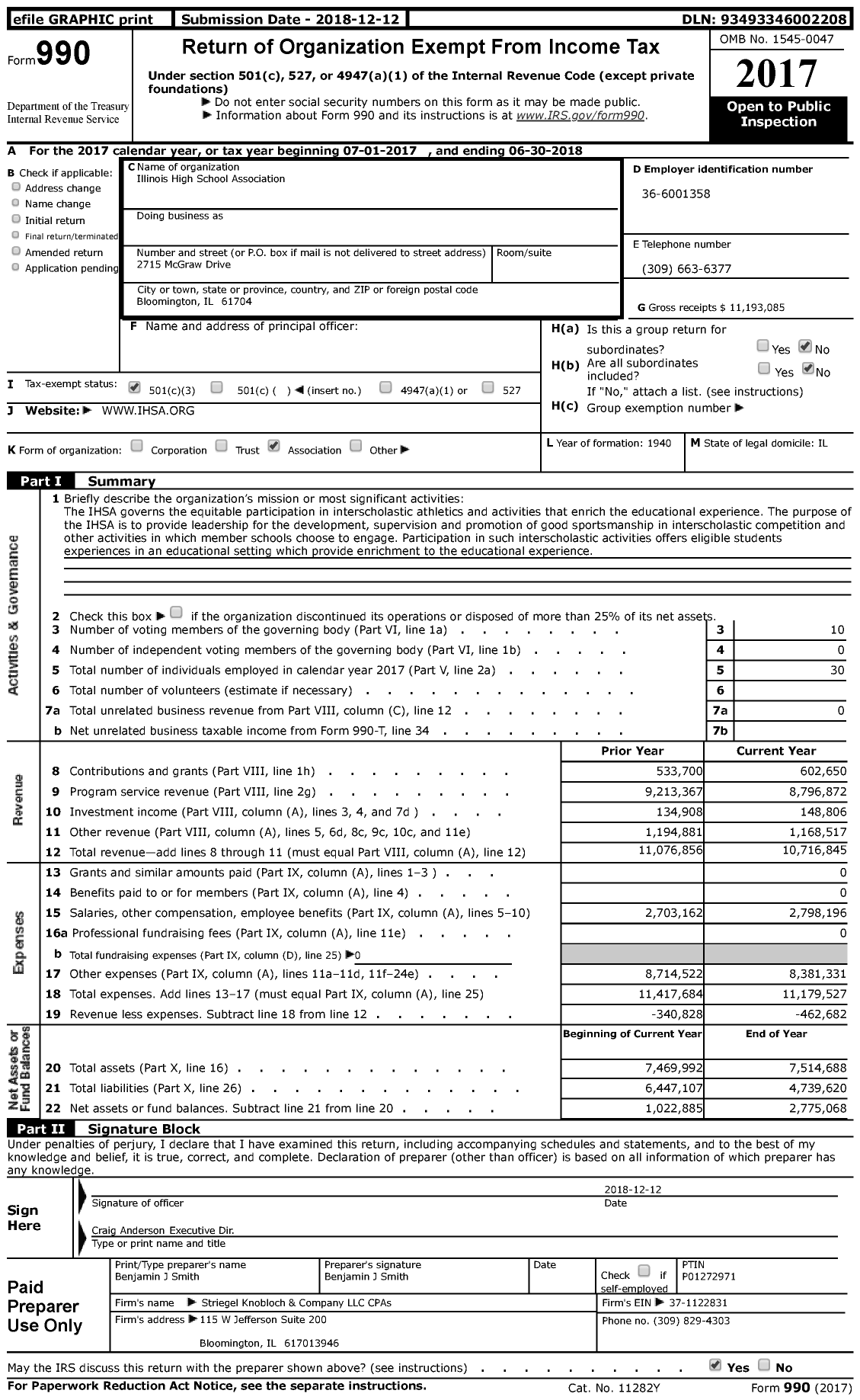 Image of first page of 2017 Form 990 for Illinois High School Association
