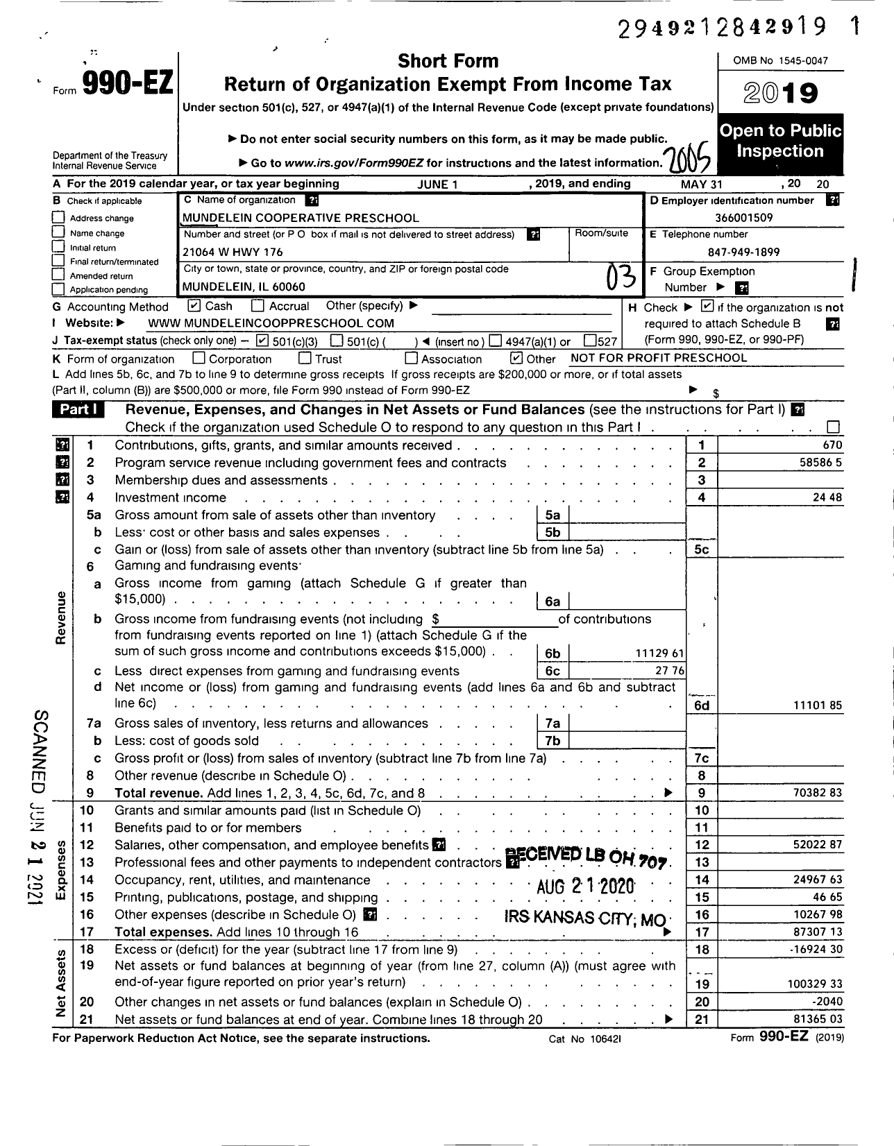 Image of first page of 2019 Form 990EZ for Mundelein Cooperative Preschool