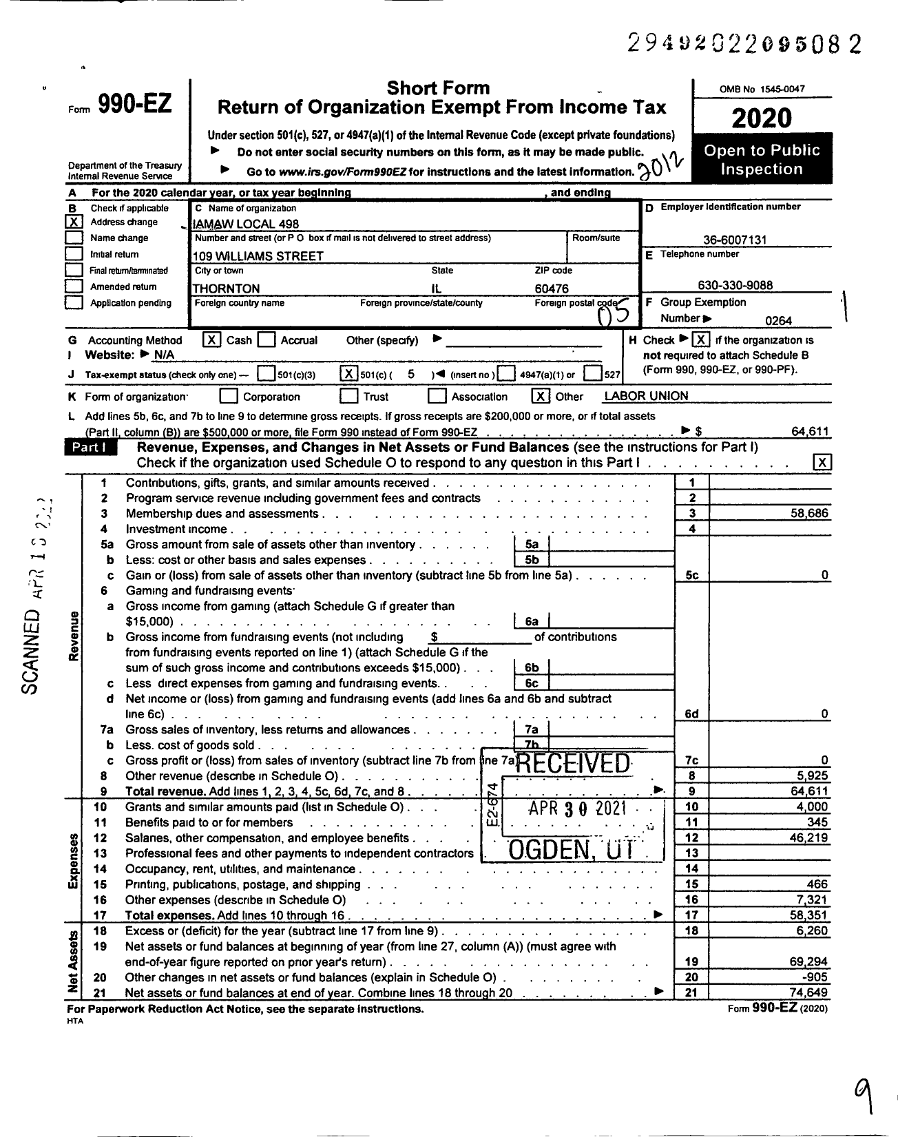 Image of first page of 2020 Form 990EO for International Association of Machinists and Aerospace Workers - 498