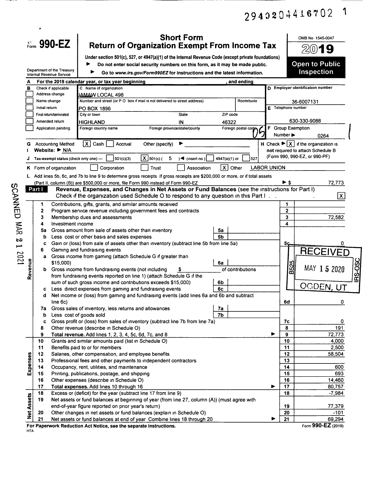 Image of first page of 2019 Form 990EO for International Association of Machinists and Aerospace Workers - 498