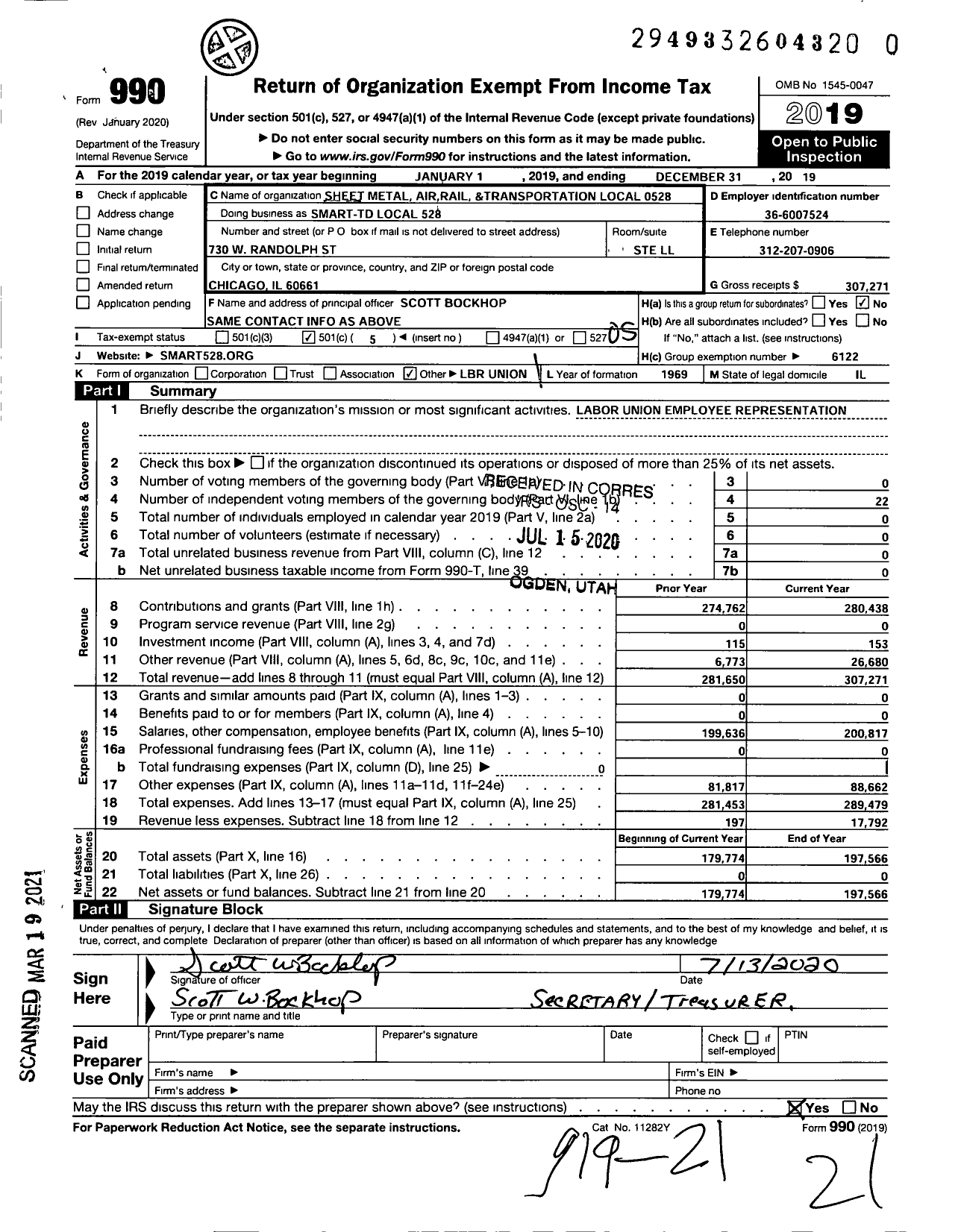 Image of first page of 2019 Form 990O for Smart Union - 528 TD