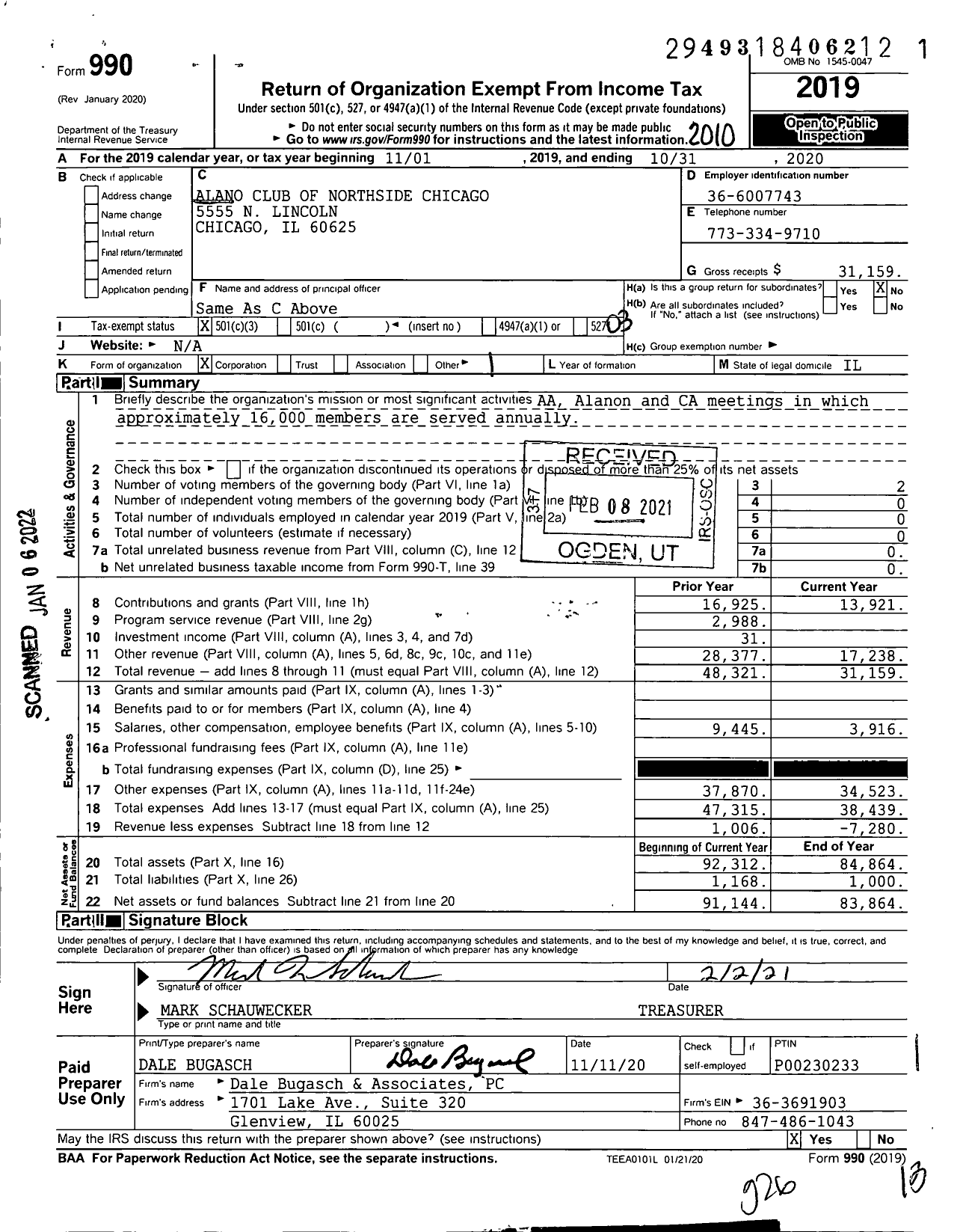 Image of first page of 2019 Form 990 for Alano Club of Northside Chicago