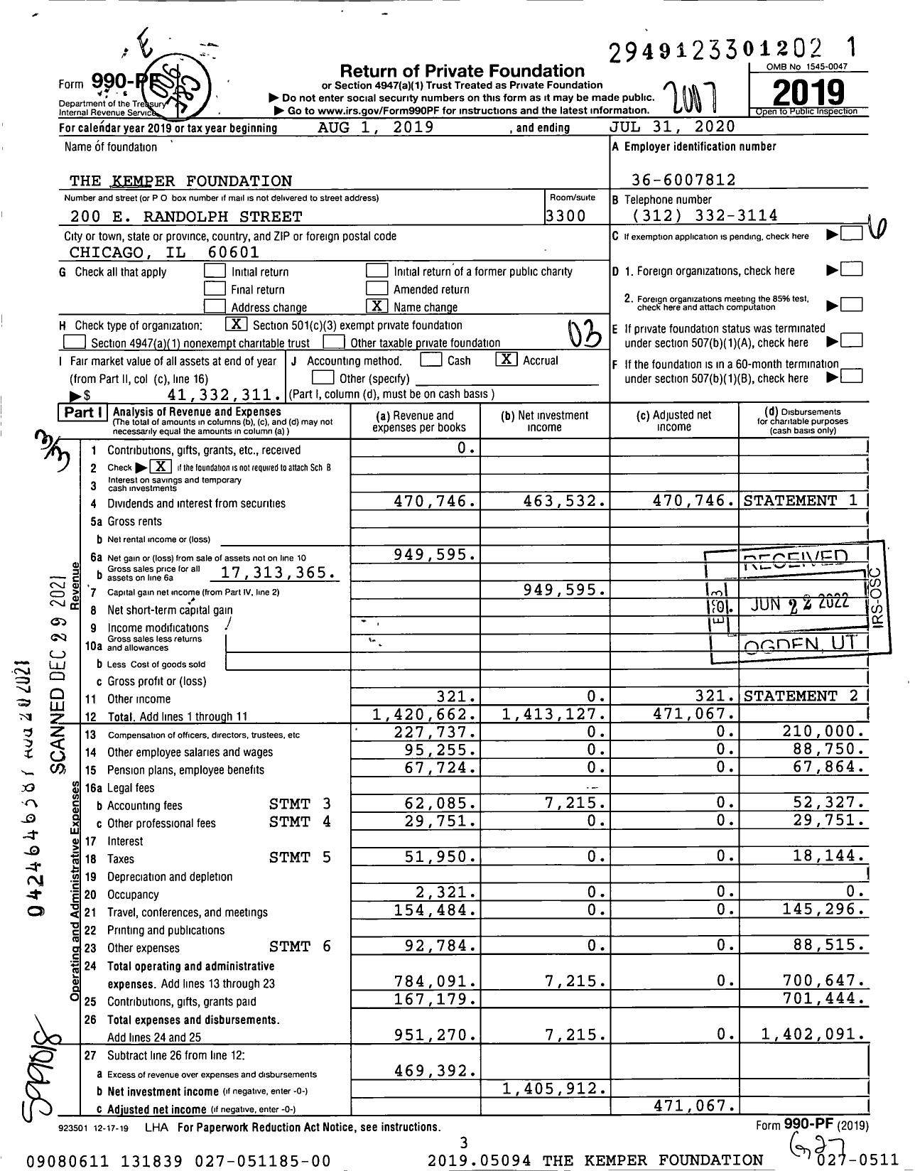 Image of first page of 2019 Form 990PF for The Kemper Foundation