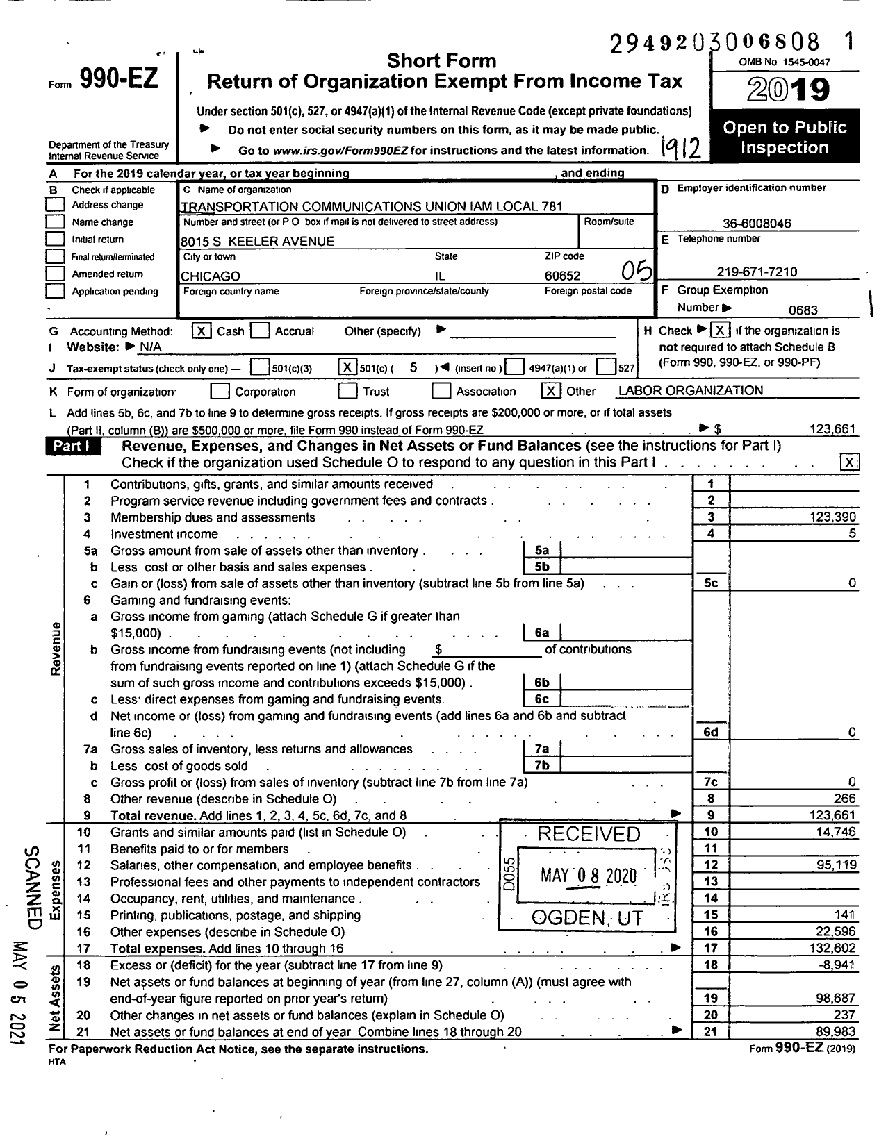 Image of first page of 2019 Form 990EO for Transportation-Communications Union