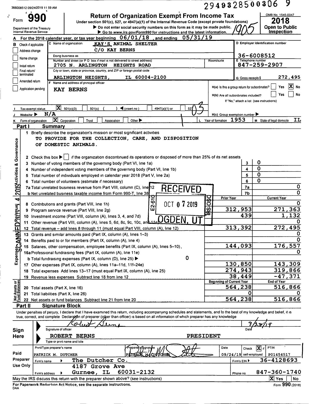 Image of first page of 2018 Form 990 for Kay's Animal Shelter