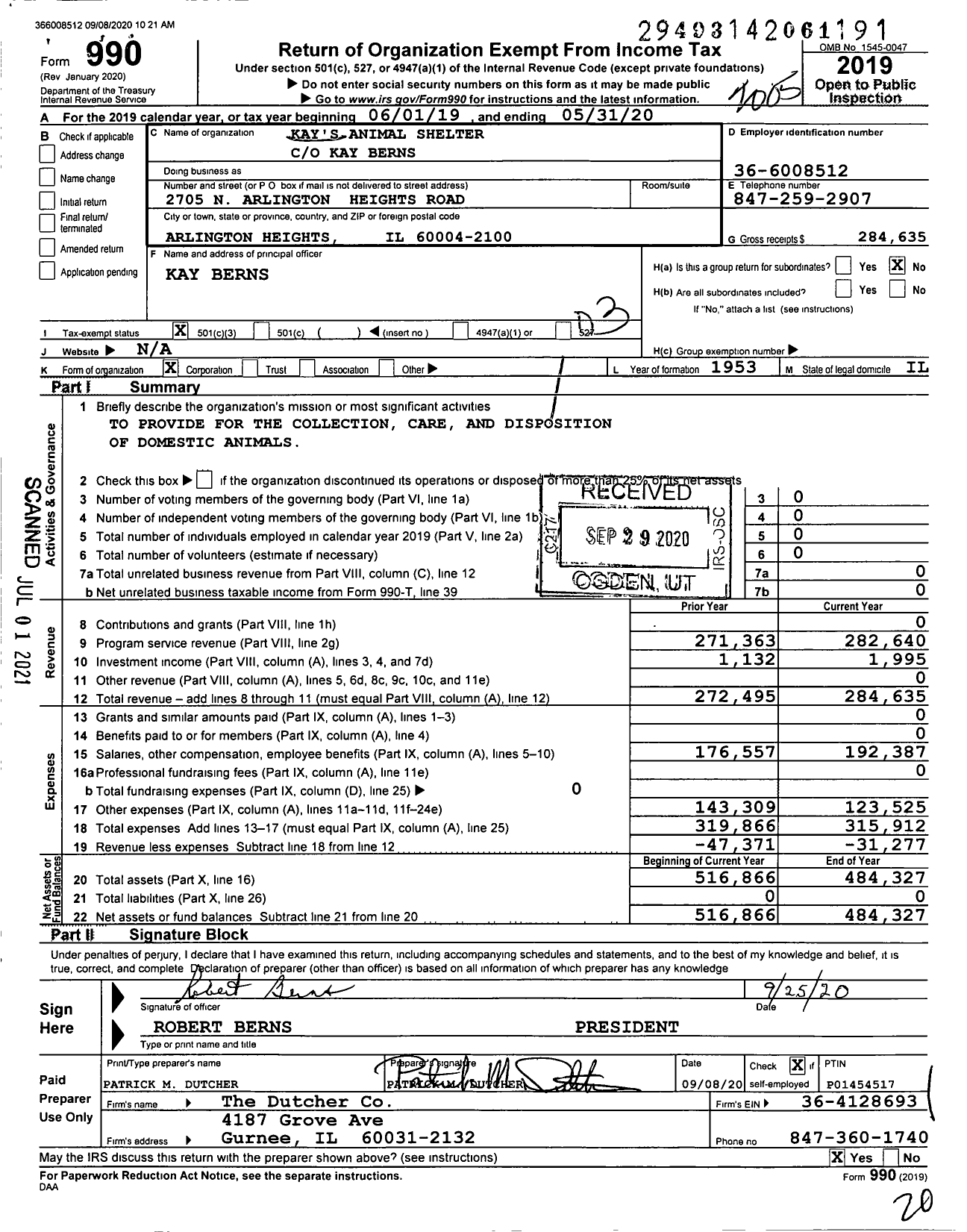 Image of first page of 2019 Form 990 for Kay's Animal Shelter