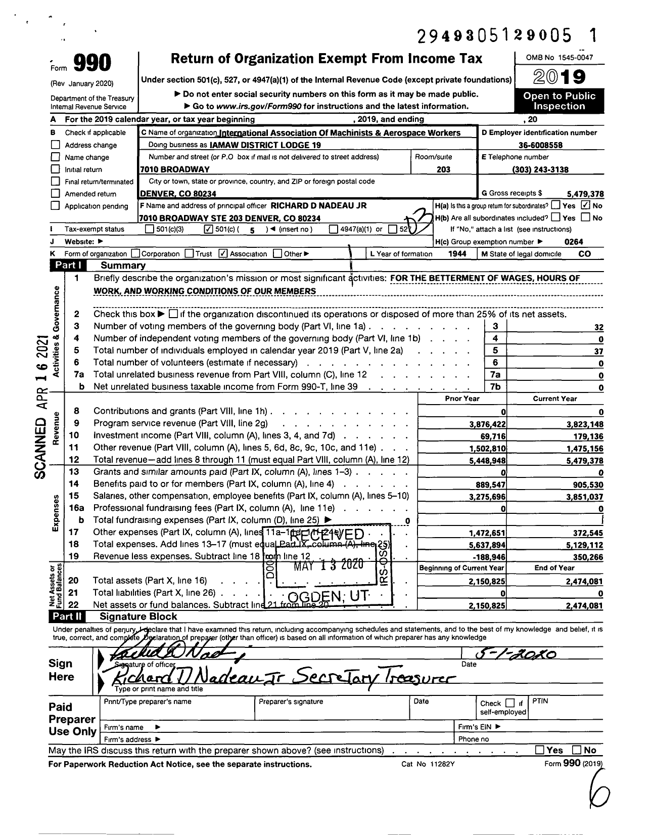 Image of first page of 2019 Form 990 for International Association of Machinists and Aerospace Workers - District Lodge 19