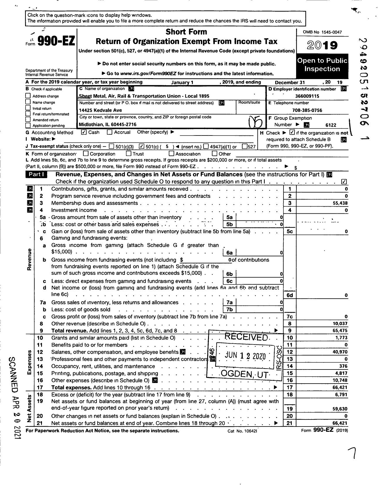 Image of first page of 2019 Form 990EO for Smart Union - 1895 TD