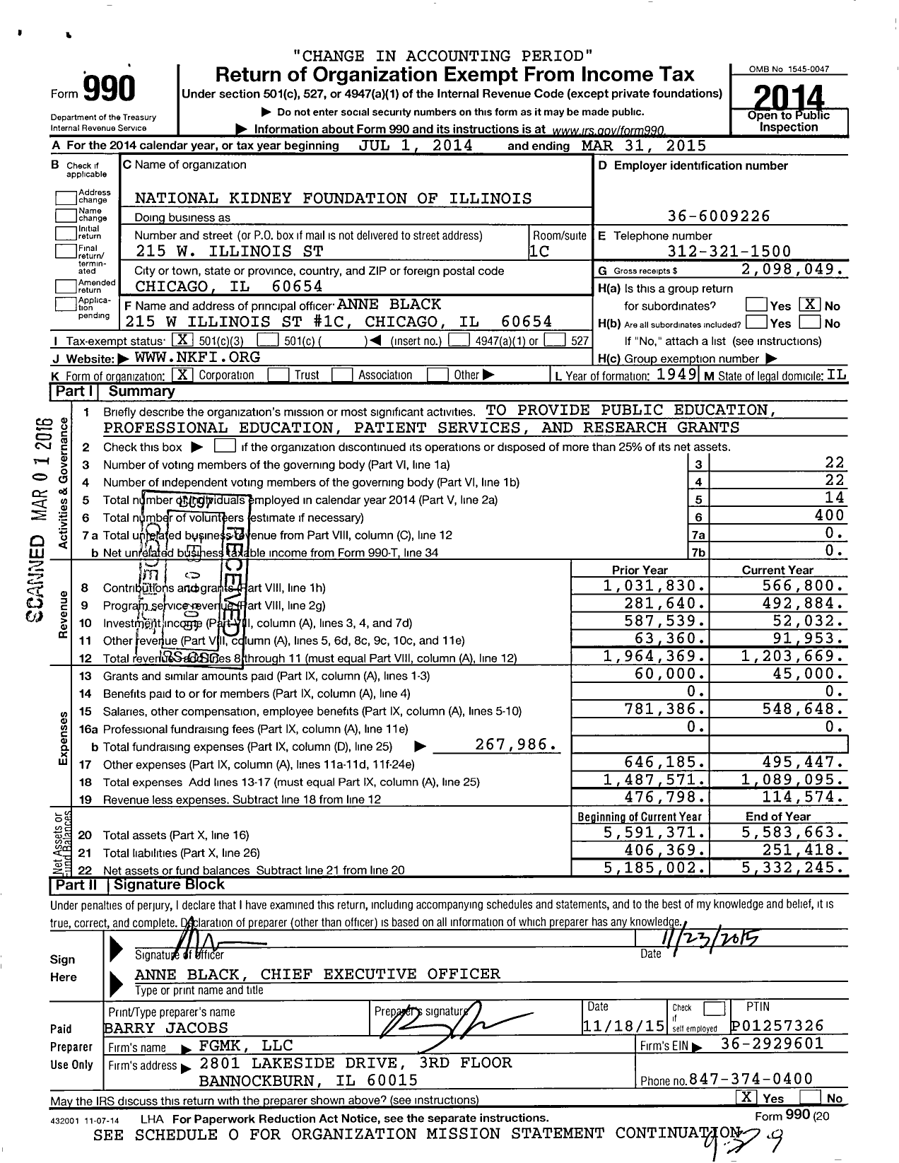 Image of first page of 2014 Form 990 for National Kidney Foundation of Illinois (NKF)