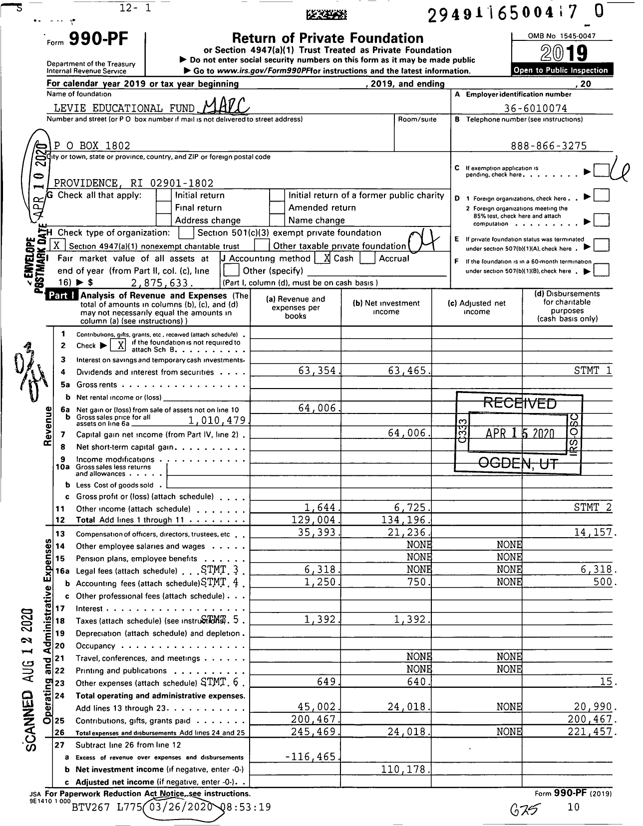 Image of first page of 2019 Form 990PR for Marcus and Theresa Levie