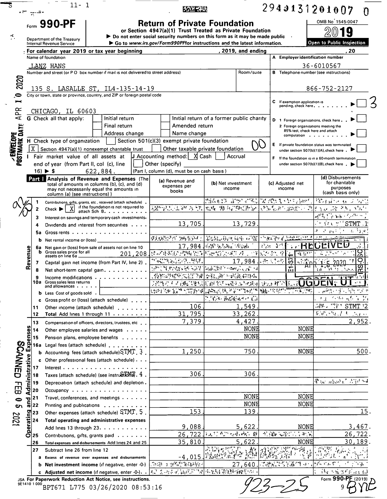 Image of first page of 2019 Form 990PF for Lanz Hans