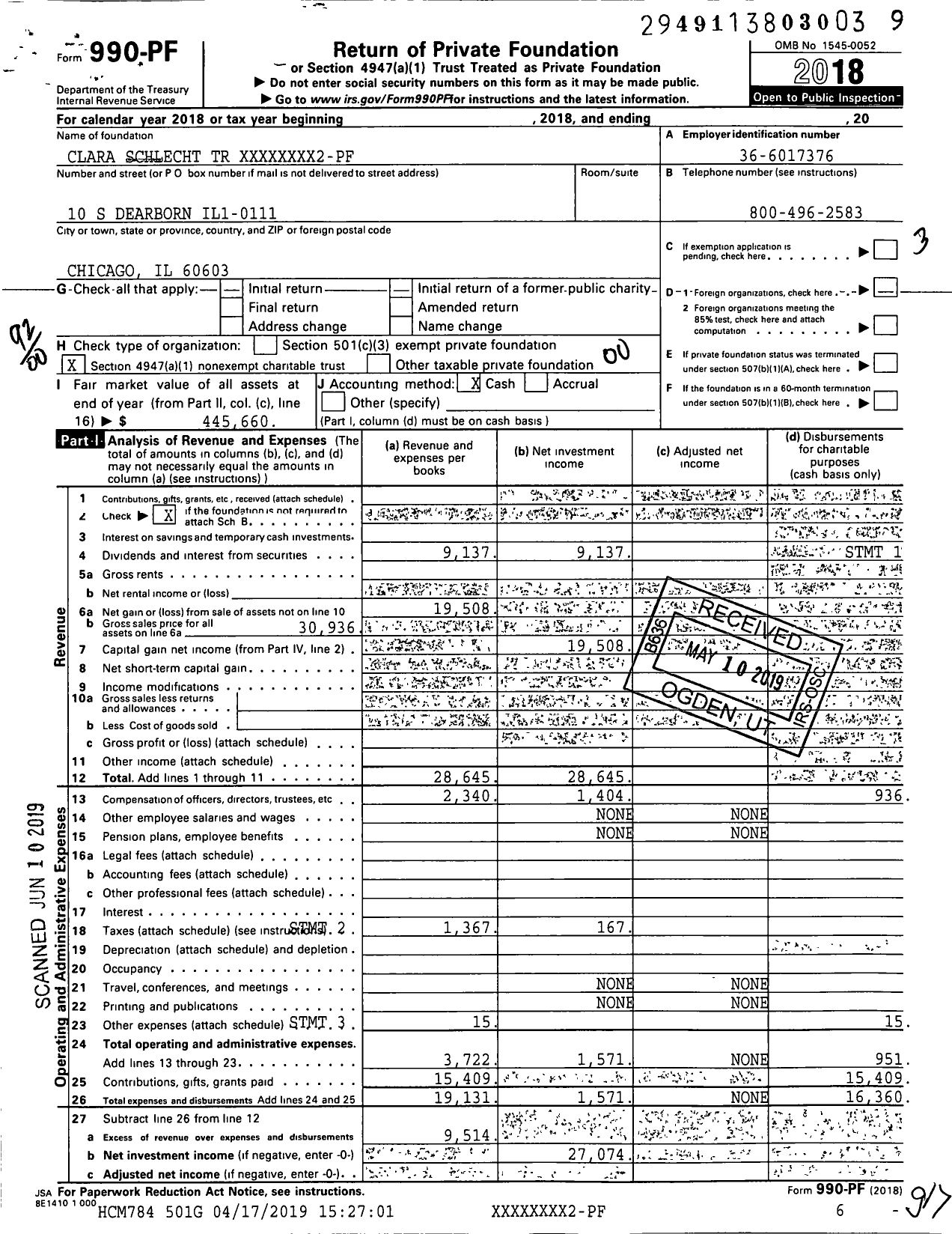 Image of first page of 2018 Form 990PF for Clara Schlecht TR XXXXX0002