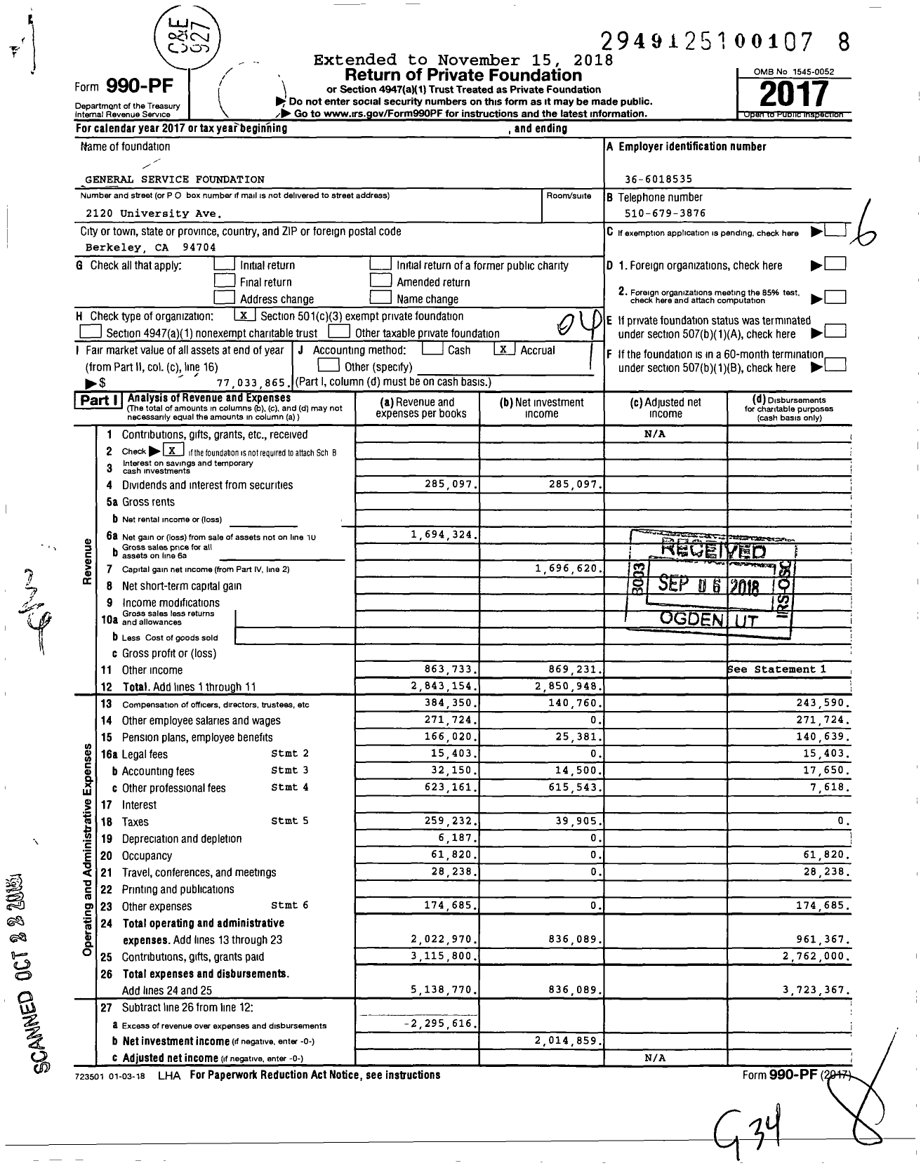 Image of first page of 2017 Form 990PF for General Service Foundation