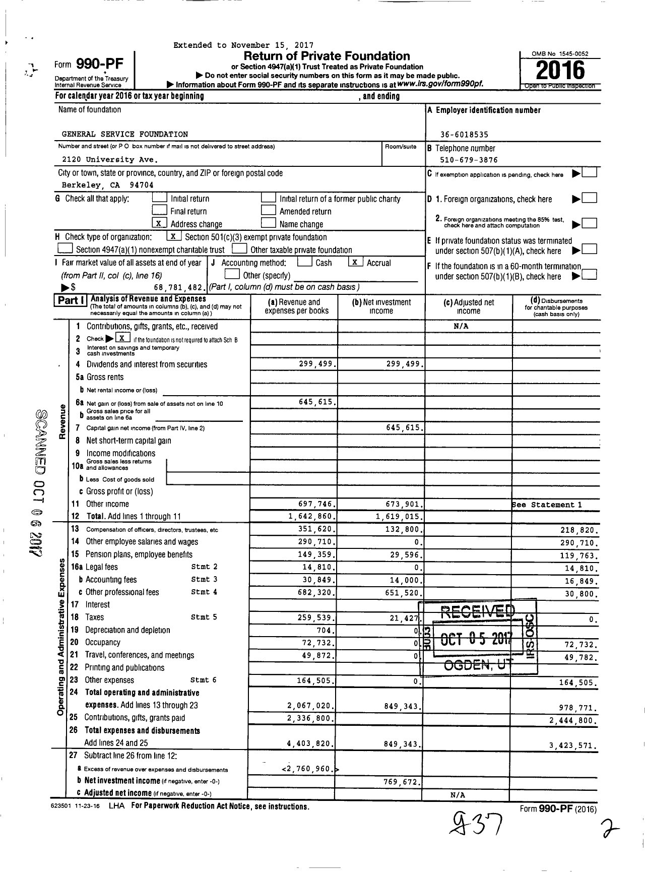 Image of first page of 2016 Form 990PF for General Service Foundation