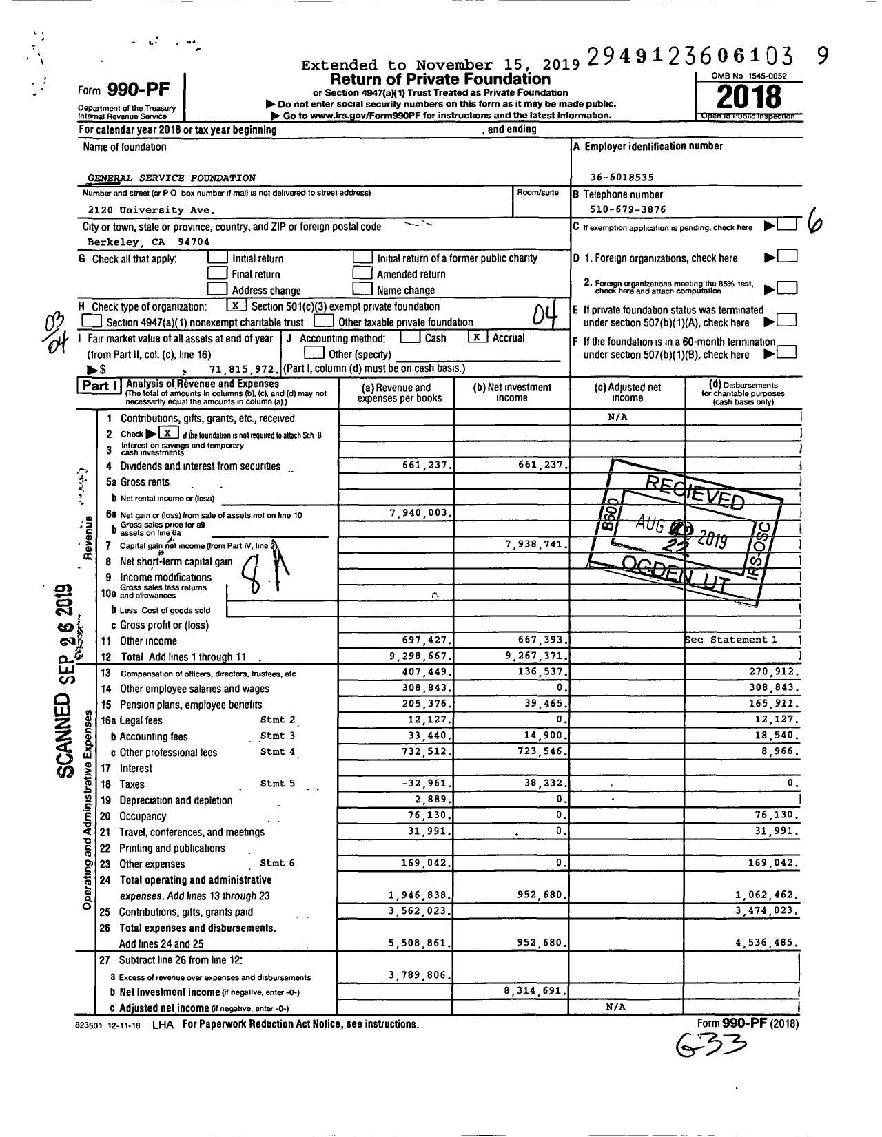 Image of first page of 2018 Form 990PF for General Service Foundation
