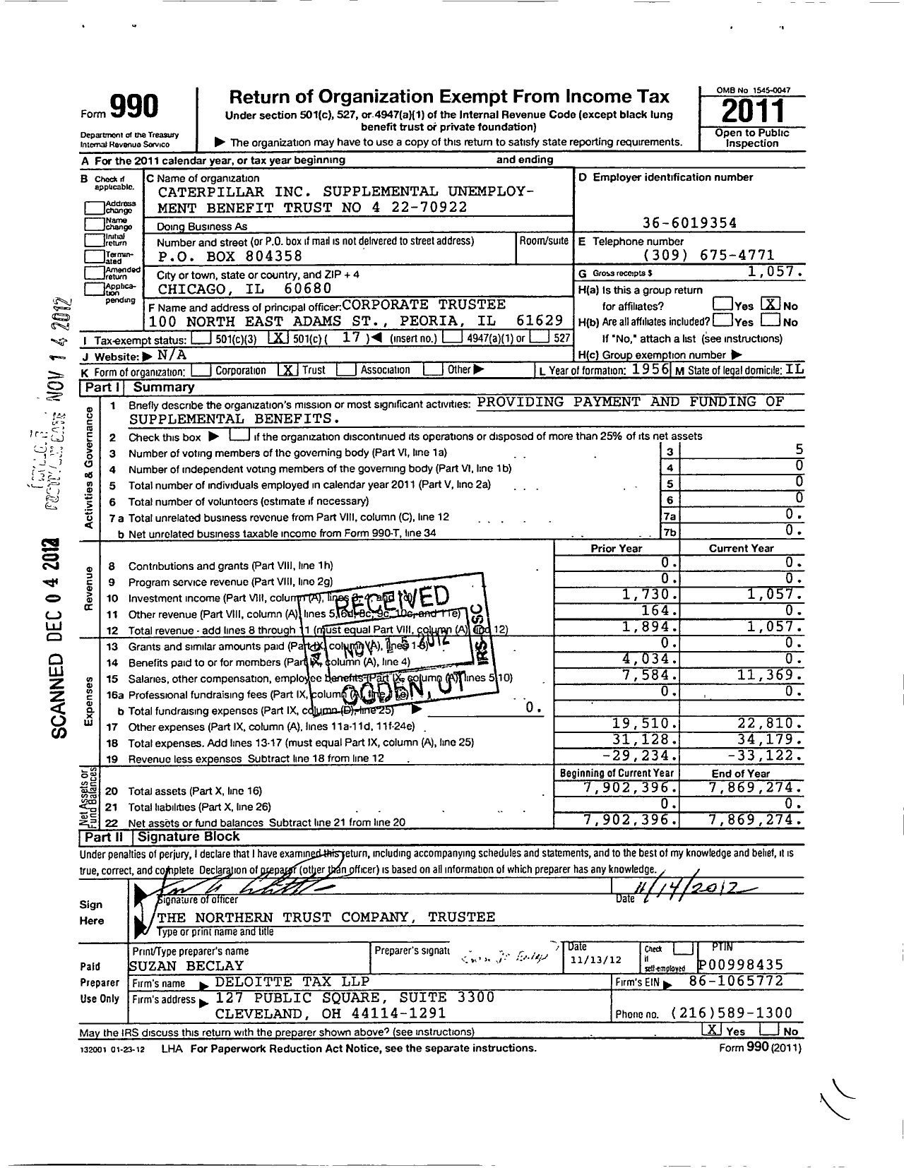 Image of first page of 2011 Form 990O for Caterpillar Supplemental Unemployment Benefit Trust No 4