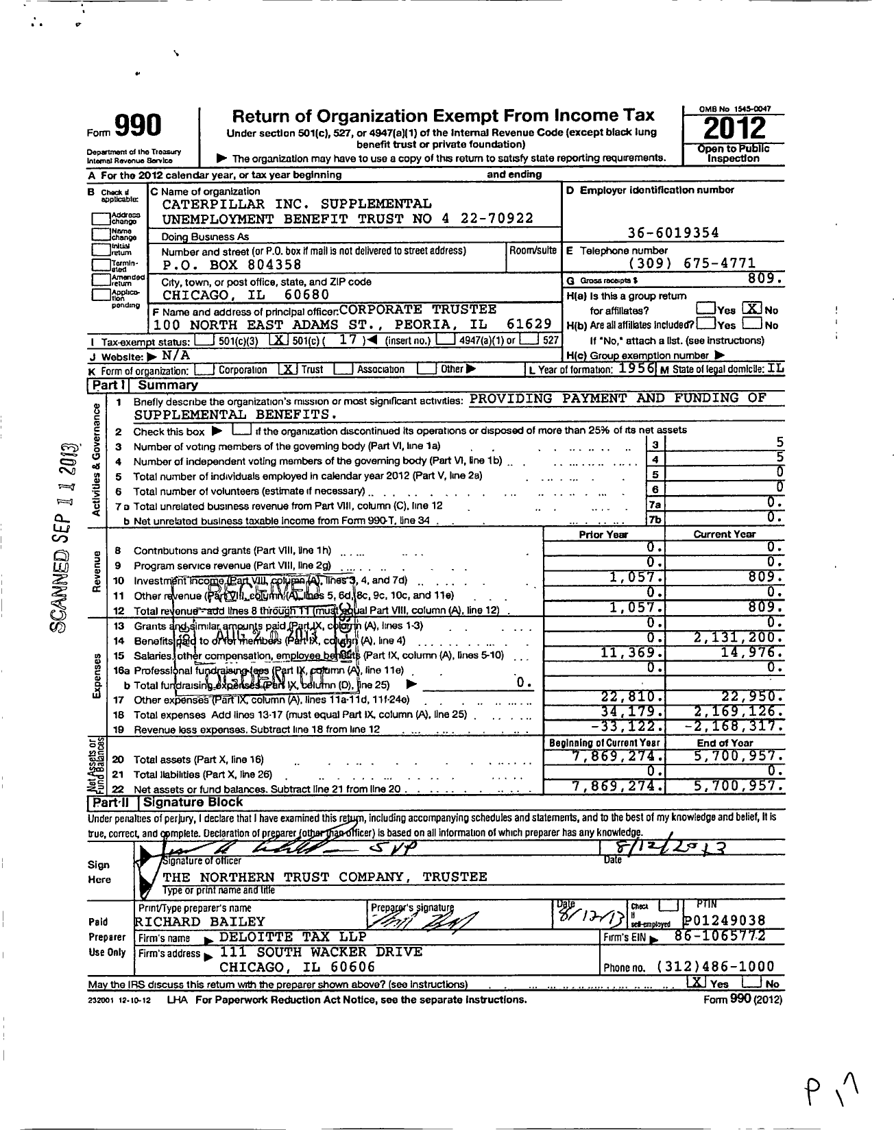 Image of first page of 2012 Form 990O for Caterpillar Supplemental Unemployment Benefit Trust No 4