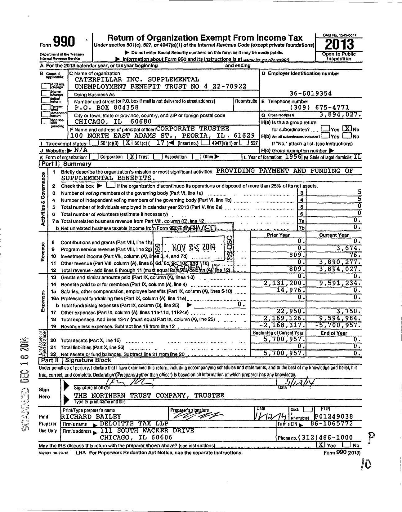 Image of first page of 2013 Form 990O for Caterpillar Supplemental Unemployment Benefit Trust No 4