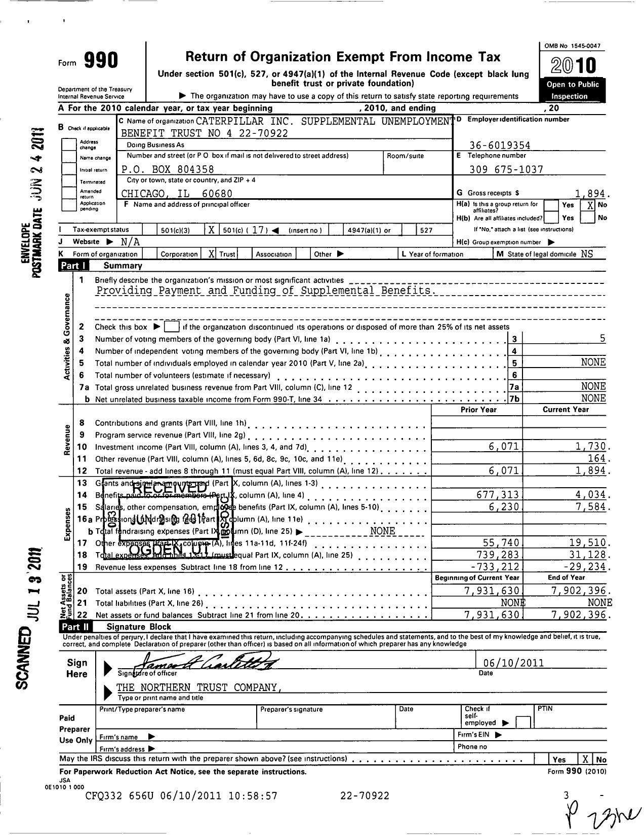Image of first page of 2010 Form 990O for Caterpillar Supplemental Unemployment Benefit Trust No 4