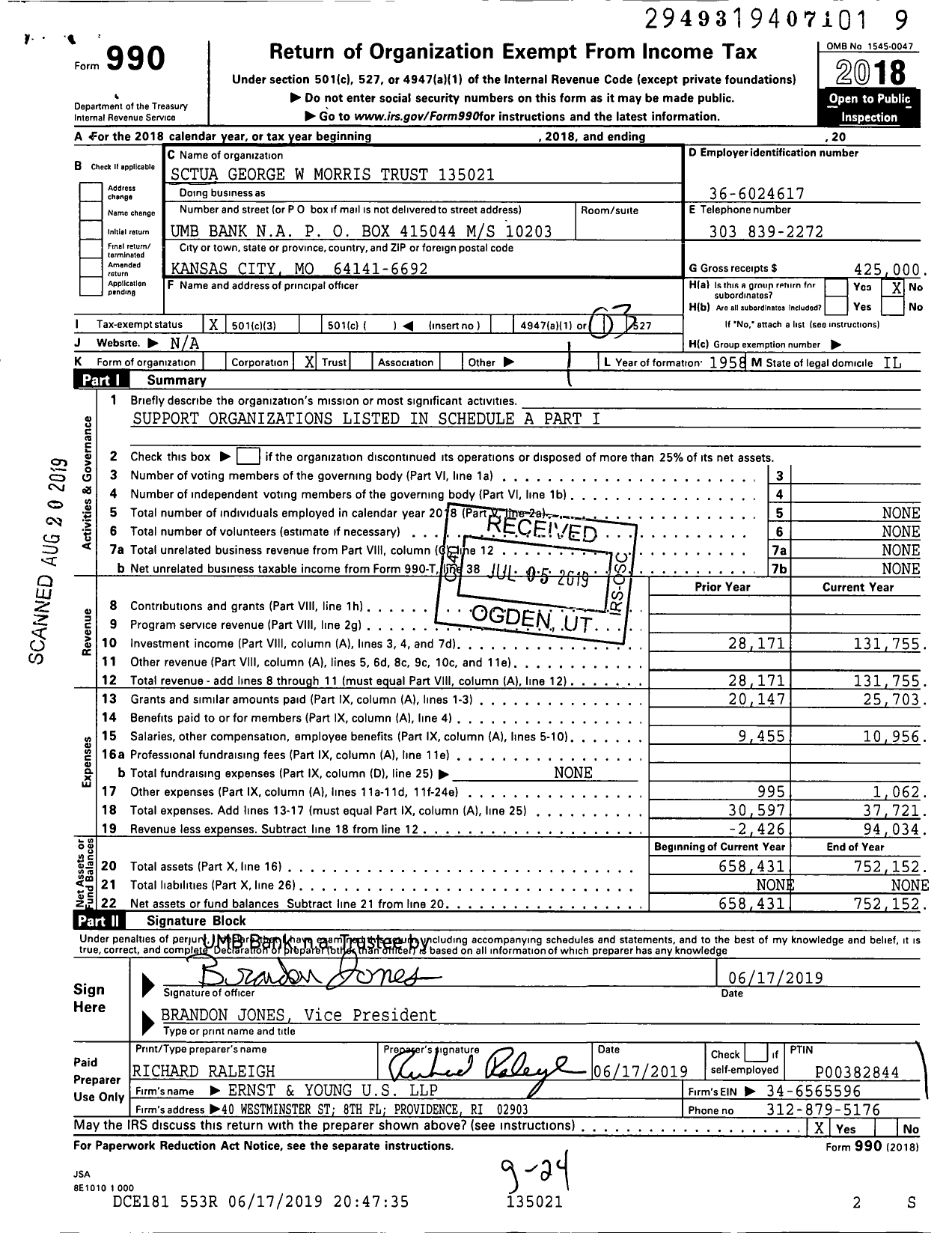 Image of first page of 2018 Form 990 for George W Morris Trust 02-93093 13502100